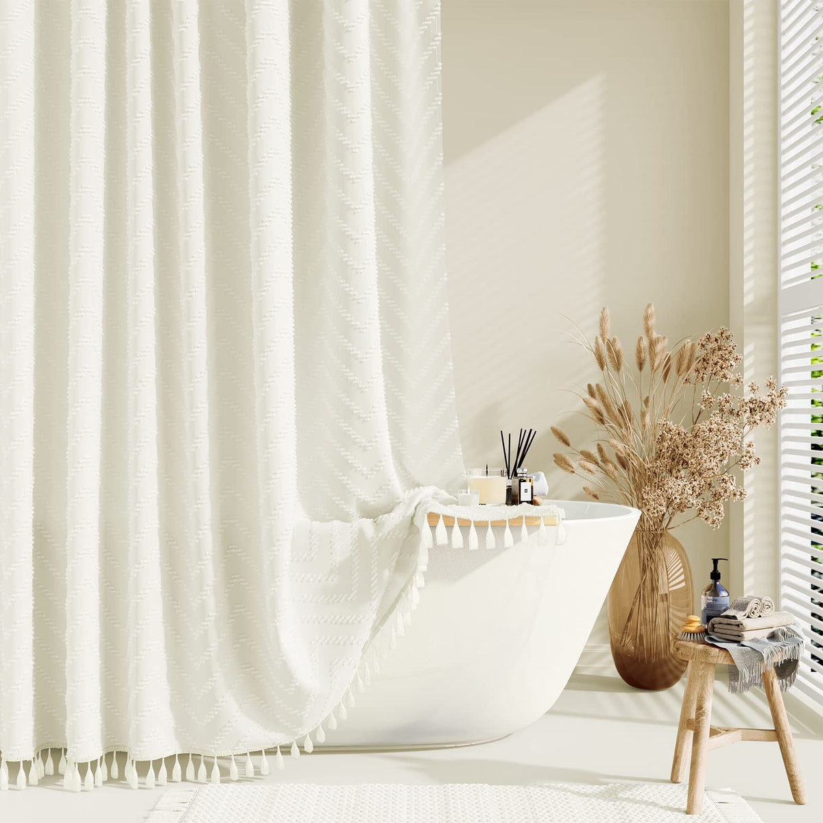 Dynamene Boho Farmhouse Shower Curtain, Cream Fabric Tufted Chevron Striped Textured Tassel Shower Curtains For Bathroom, Water