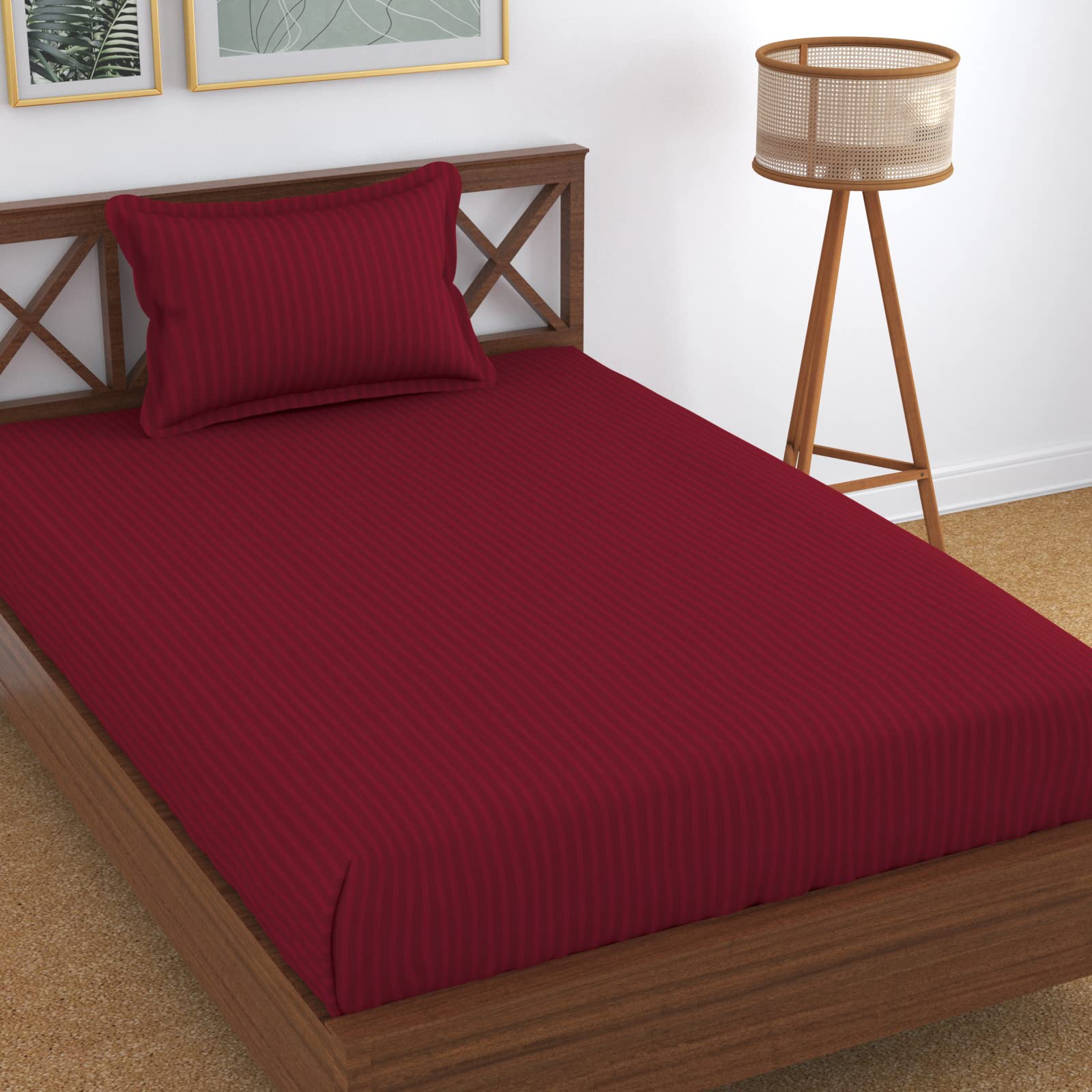 Homefab India 160 Tc Stripe Glace Cotton Single Bedsheet With 1 Pillow Cover - Maroon