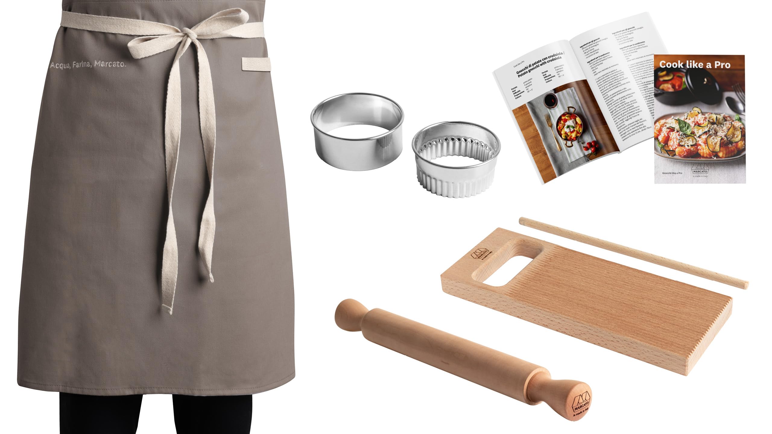 MARCATO Gnocchi Kit - 7-Piece Wooden Set with Board, Rolling Pin, Apron, and Cookbook - MCBPGNORET