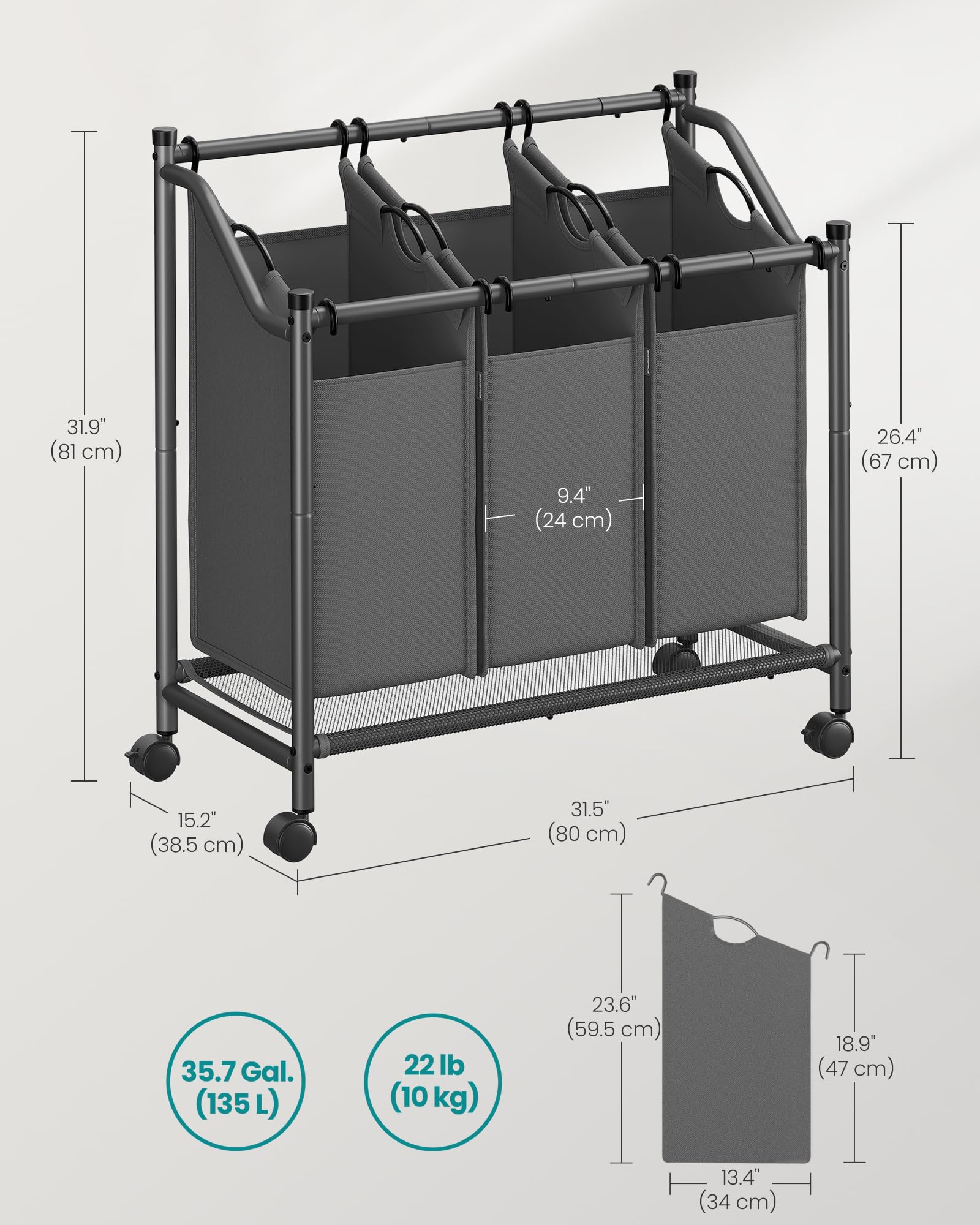 Songmics Laundry Sorter, Rolling Laundry Basket With 3 Removable Bags, Laundry Hamper, Laundry Cart, For Laundry Room, Bedroom,
