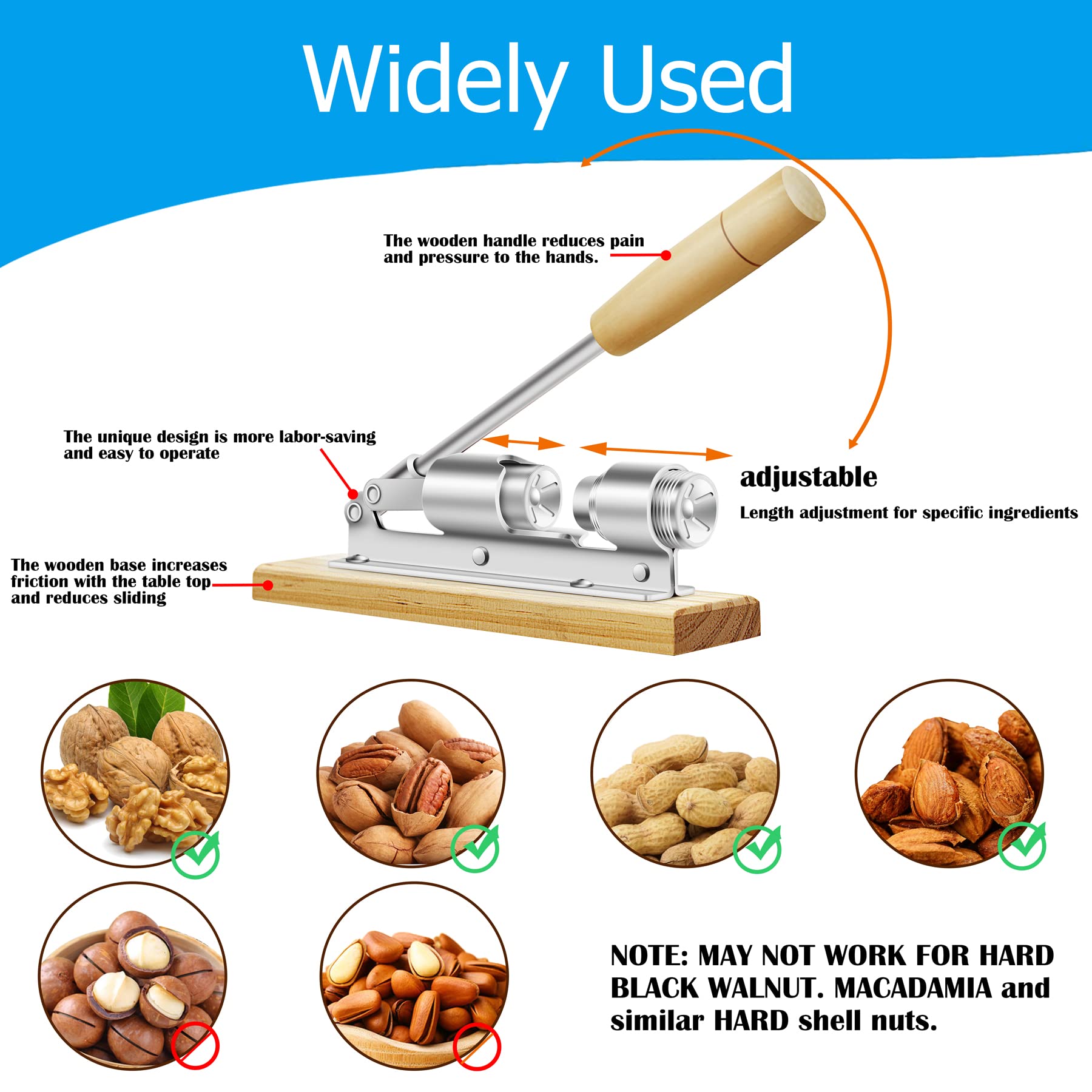 HOFHTD Heavy Duty Nut Cracker - Adjustable Pecan Sheller for Walnuts, Pecans, Hazelnuts, Almonds - Silver Finish