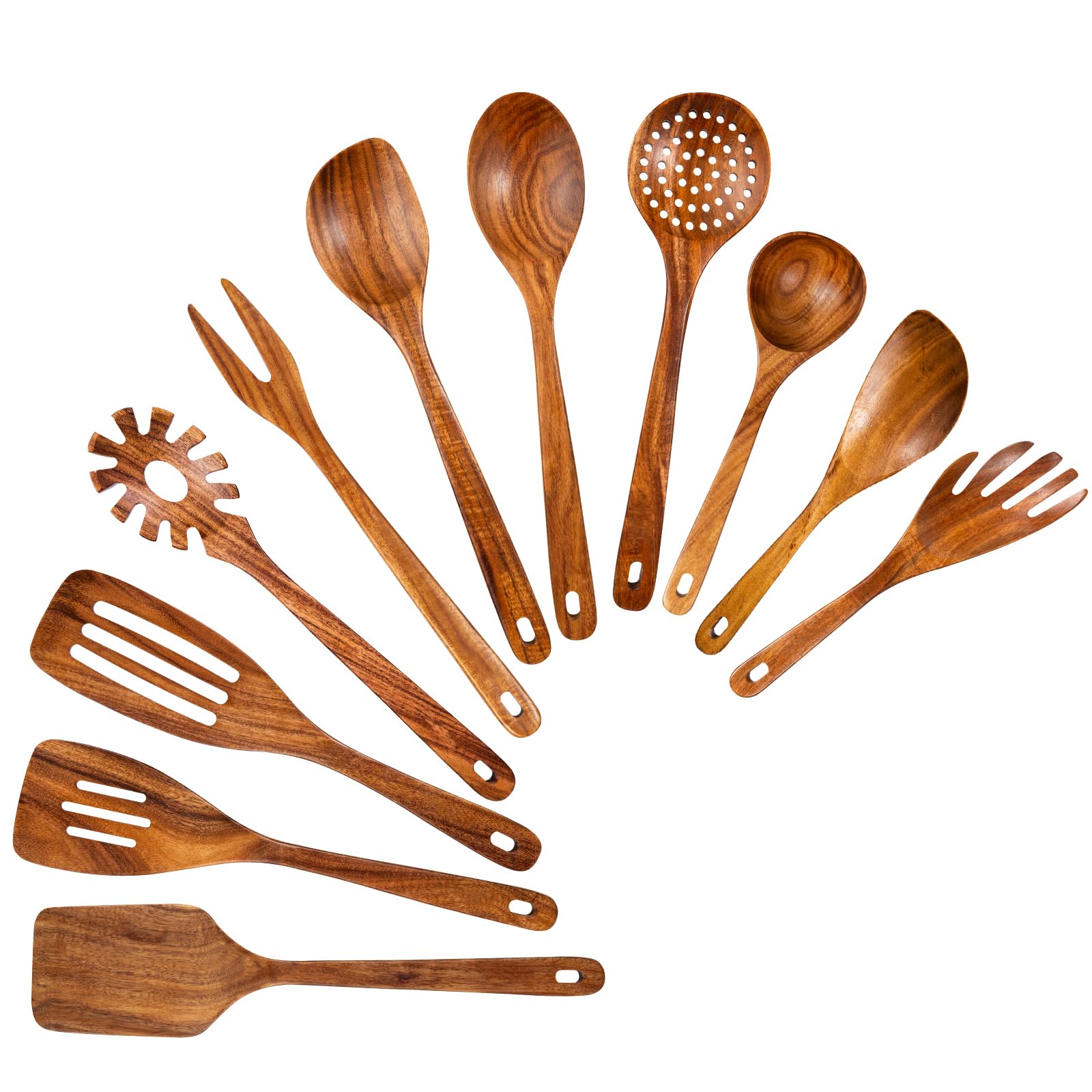 GUDAMAYE 11 PCE Wooden Spoons for Cooking, Wooden Kitchen Utensils Set,Wooden Cooking Utensils,Natural Teak Wooden Spoons For No