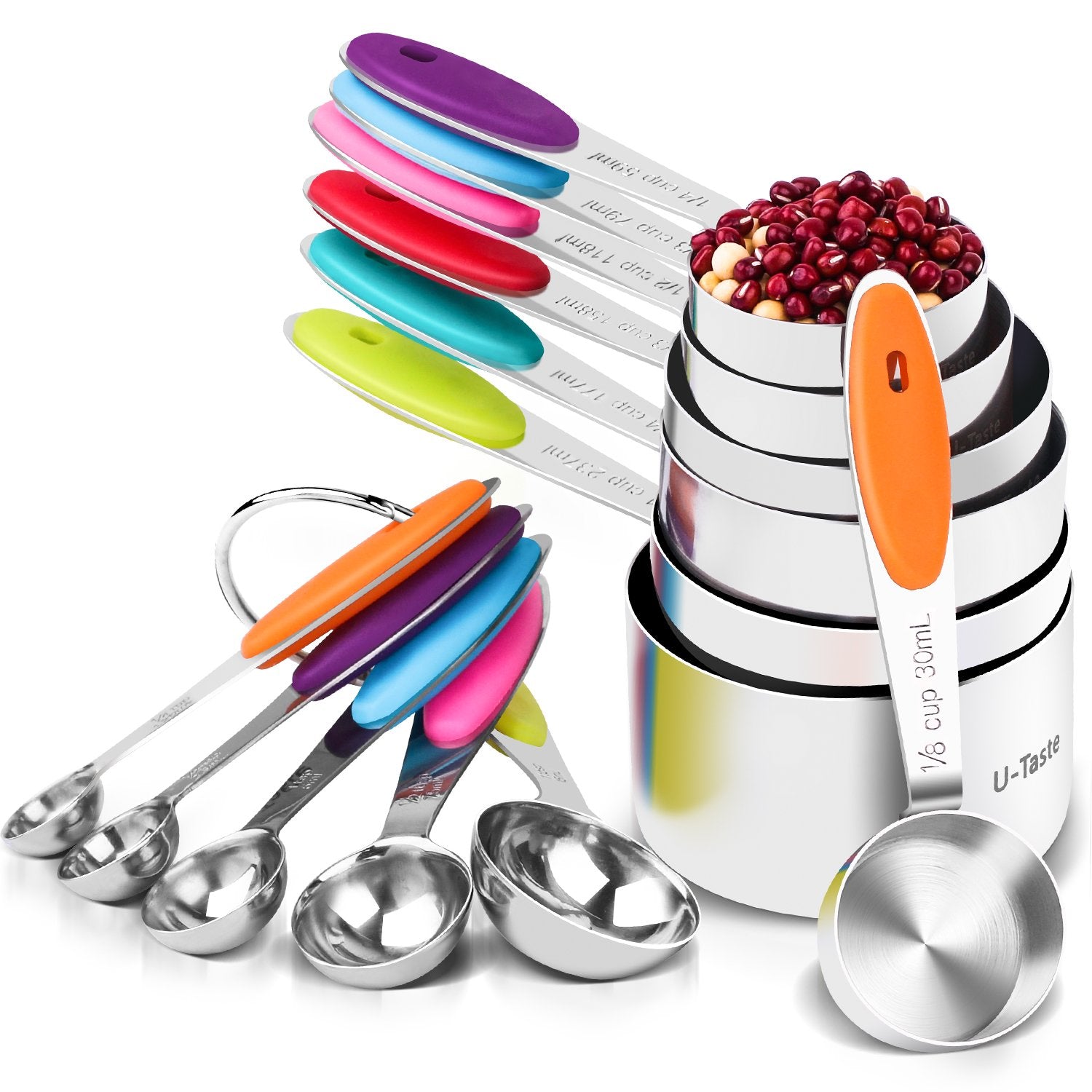 U-Taste 12 Piece Measuring Cups And Spoons Set In 18/8 Stainless Steel : 7 Measuring Cups & 5 Measuring Spoons