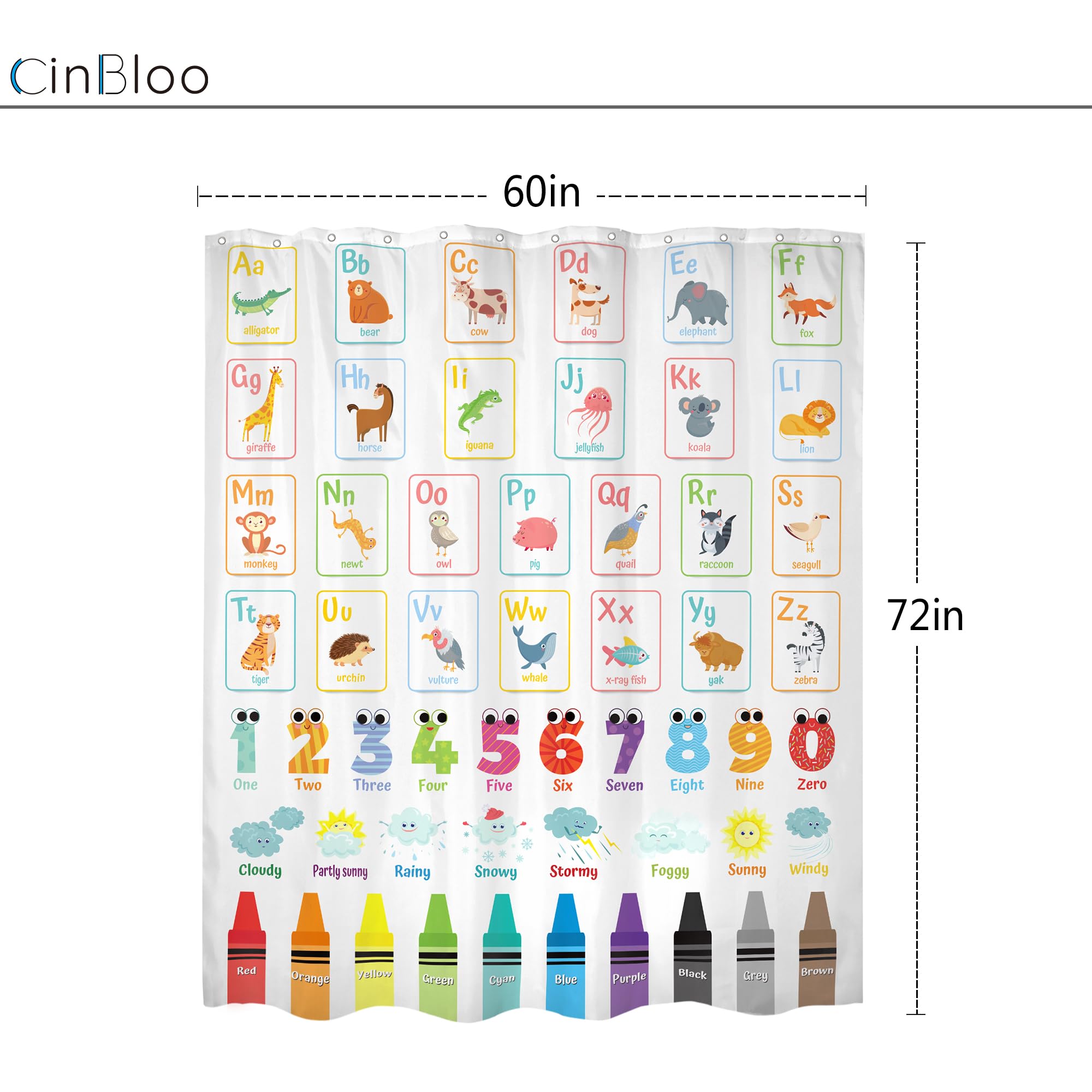 Cinbloo Alphabet Abc Kids Shower Curtain 60Wx72H Children Cartoon Cute Animal Colorful Educational Bathroom Curtain Set Number L