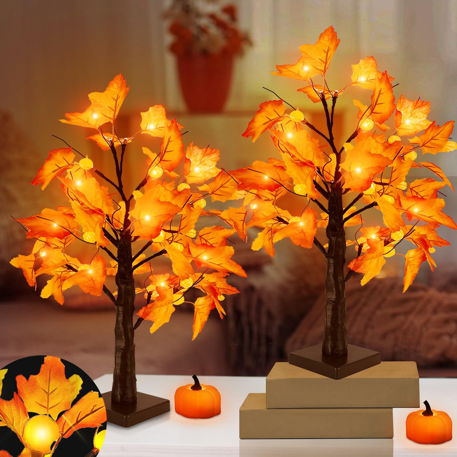 TURNMEON 18 Fall Thanksgiving Lighted Maple Tree with Timer 24 Pumpkin Lights Battery Operated Lighted Artificial Maple Leaf T