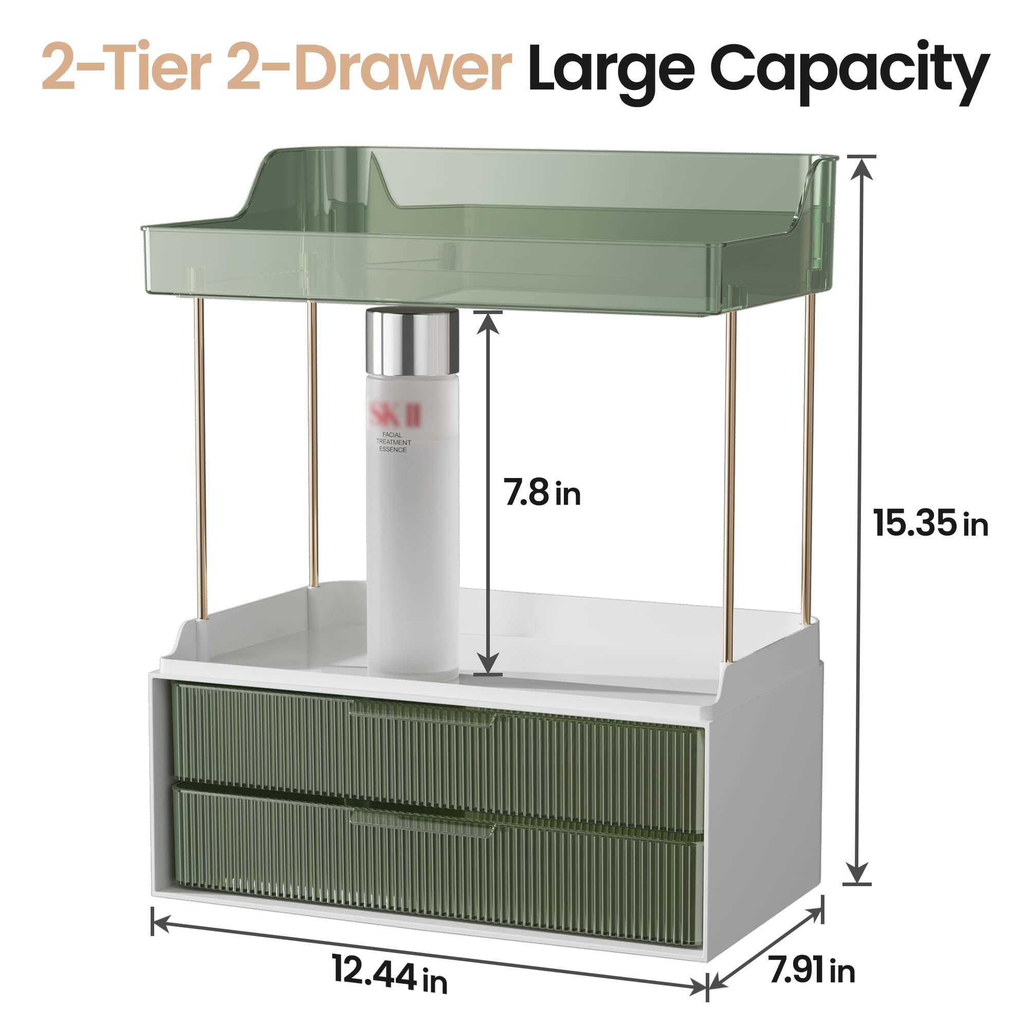 Delamu 2-Tier 2-Drawer Bathroom Organizer Countertop, Multi-Purpose Makeup Organizer Countertop, Large Skincare Organizers, Exqu