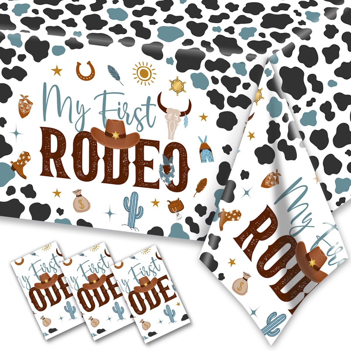 CMUSKO 3Pcs My First Rodeo Tablecloths-Cowboy Baby Shower Decorations Blue Cow Print Western Disposable Rectangular Plastic Tabl