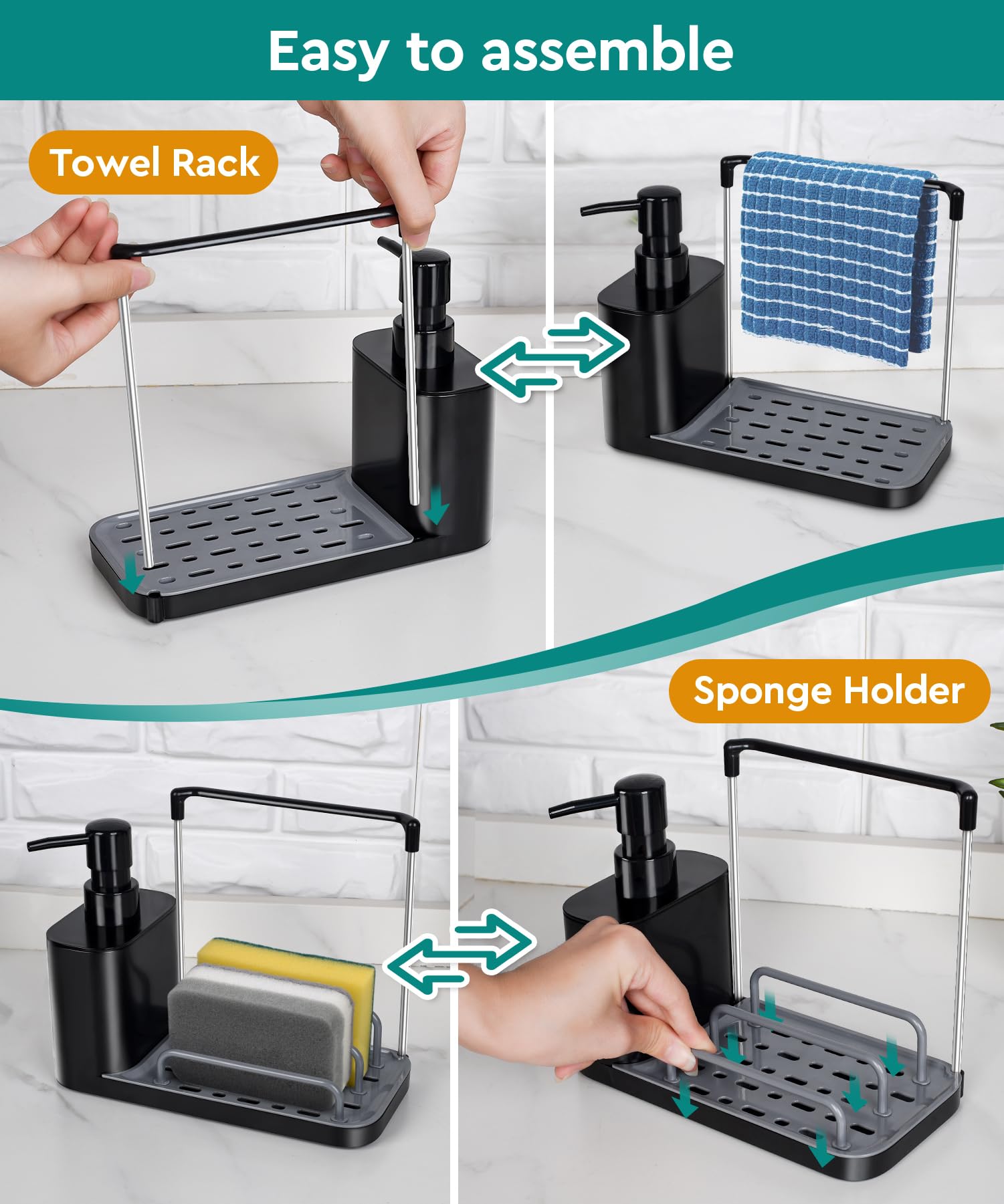 Eavida Kitchen Soap Dispenser Set - 5-in-1 Organizer with Tray & Sponge Holder, Plastic, Black, Model KSD-202310-01