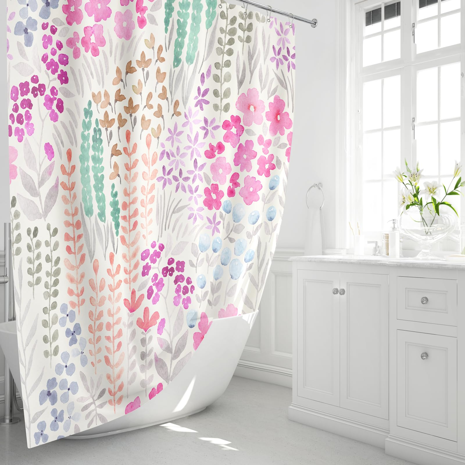 Mayzus Hot Pink Floral Shower Curtain, Cute Boho Flower Fabric Shower Curtain, Funky Watercolor Wildflower Shower Curtain Set, C
