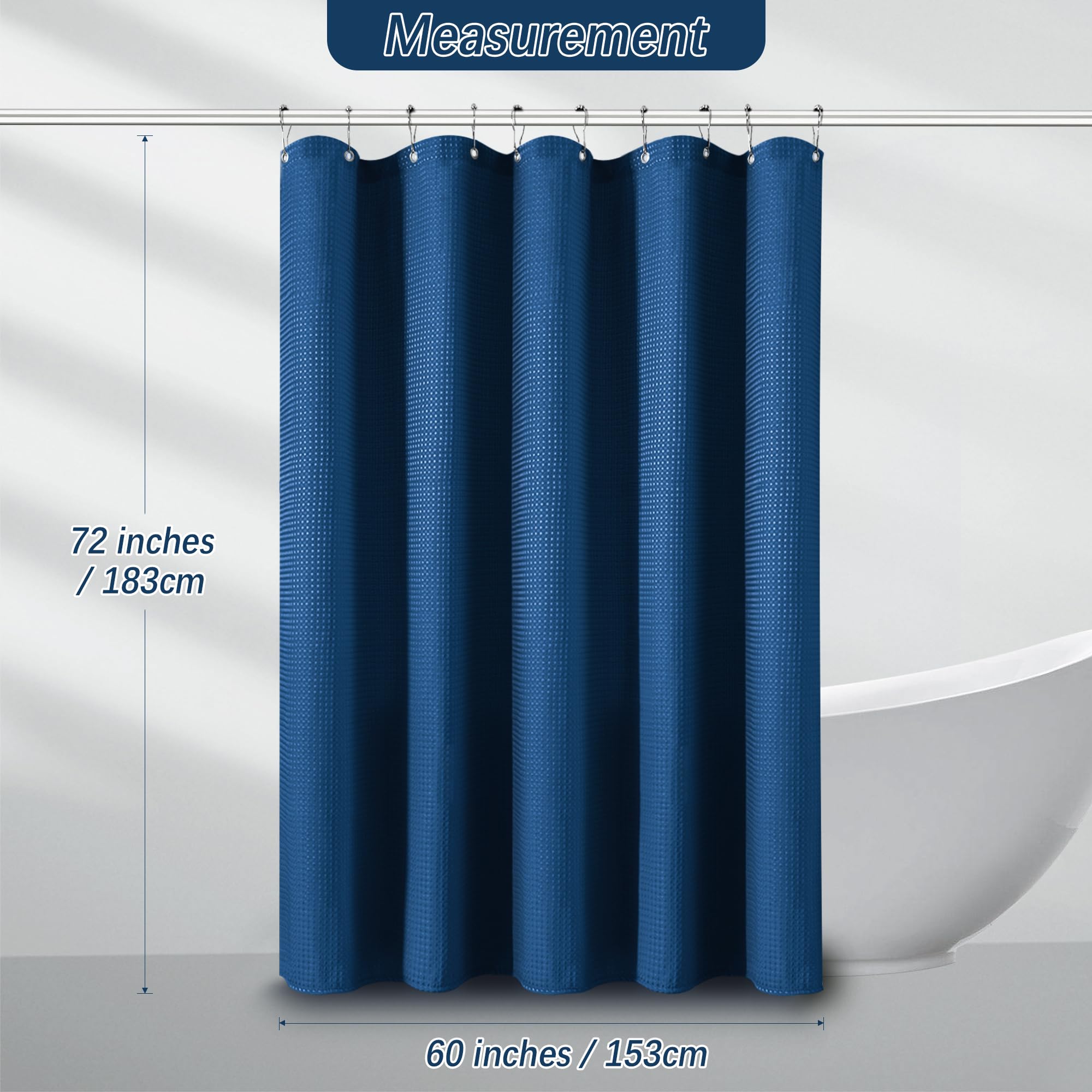 Classic Blue Fabric Shower Curtain For Bathroom Stall, 60 Inche Waffle Weave Shower Curtain, Machine Washable Waterproof 256Gsm