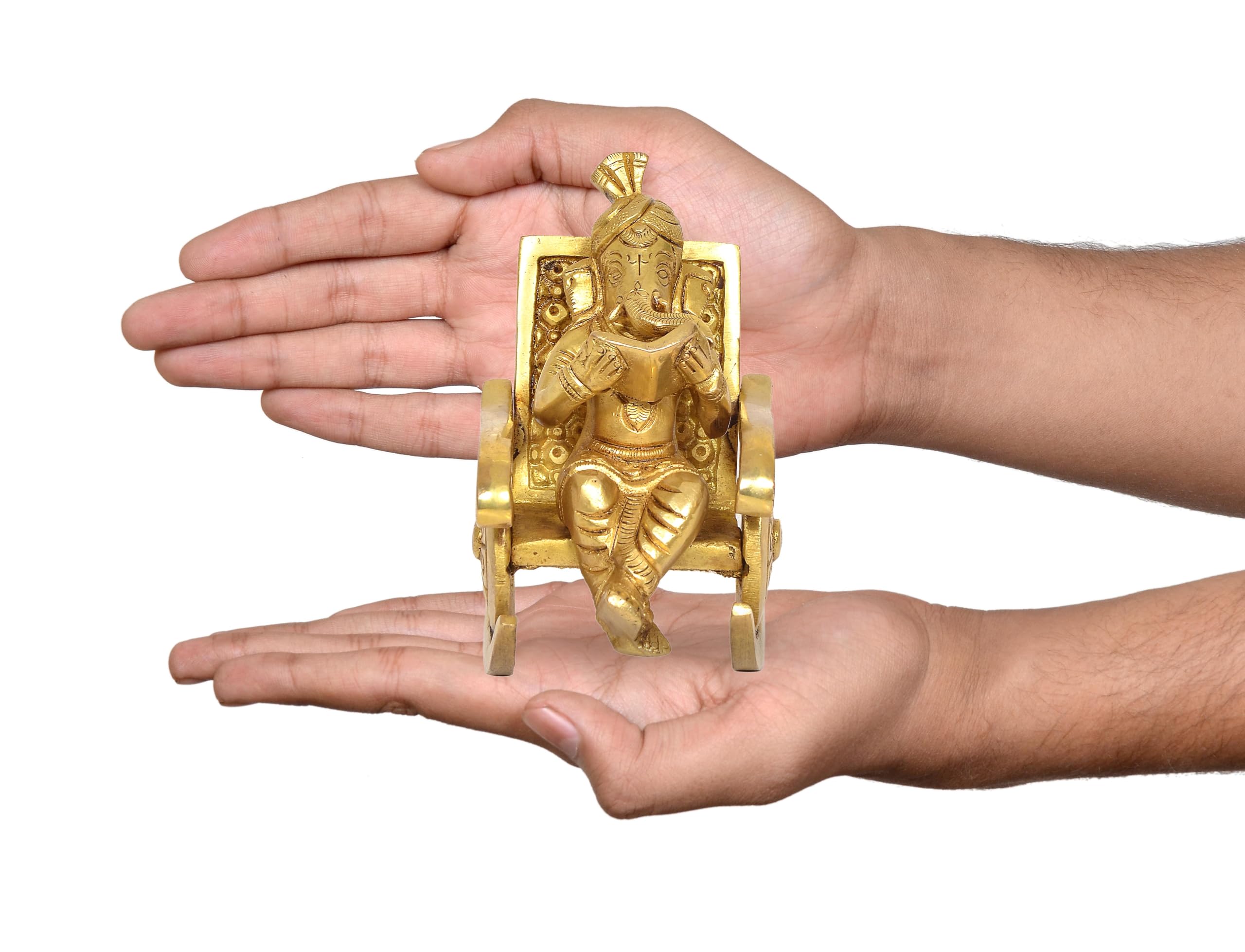 Dattatreya Brass Ganesha Statue Book Reading Turbaned Ganesh Sitting On Chair Sculpture Golden (Height 5 Inch)