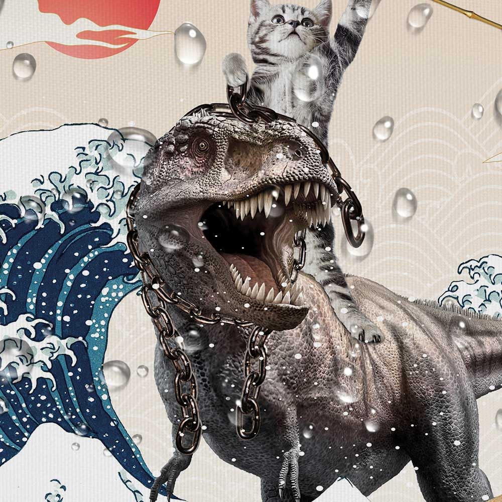 Uokiuki Funny Cat Shower Curtain, Cute Cat Riding Dinosaur Japanese Ocean Waves Shower Curtain With Hooks, Nautical Coastal Fabr