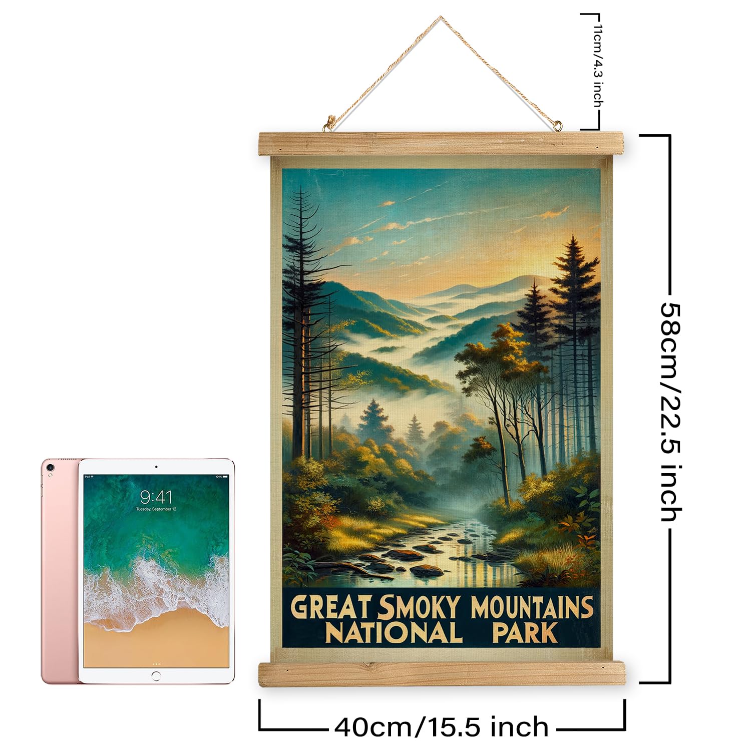 Xiaoaika Vintage Great Smoky Mountains National Park Travel Poster With Wooden Scroll Frame - Holiday Decoration Or Gift For Liv