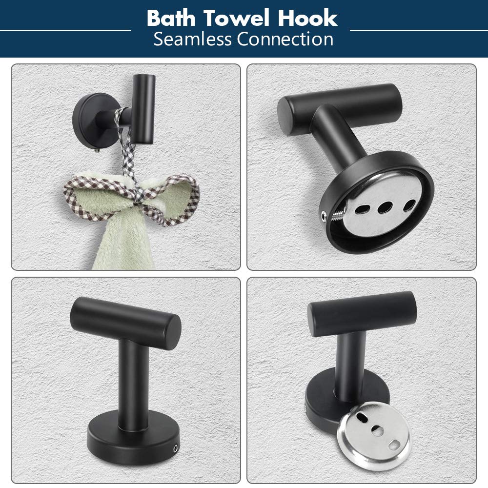 TocTen 5 PCS Bathroom Hardware Set SUS304 Stainless Steel-Towel Rack Set Include Lengthen Hand Towel Bar+Toilet Paper Holder+3 Robe Towel Hooks Bathroom Accessories Towel Bar Set (Matte Black  16IN)