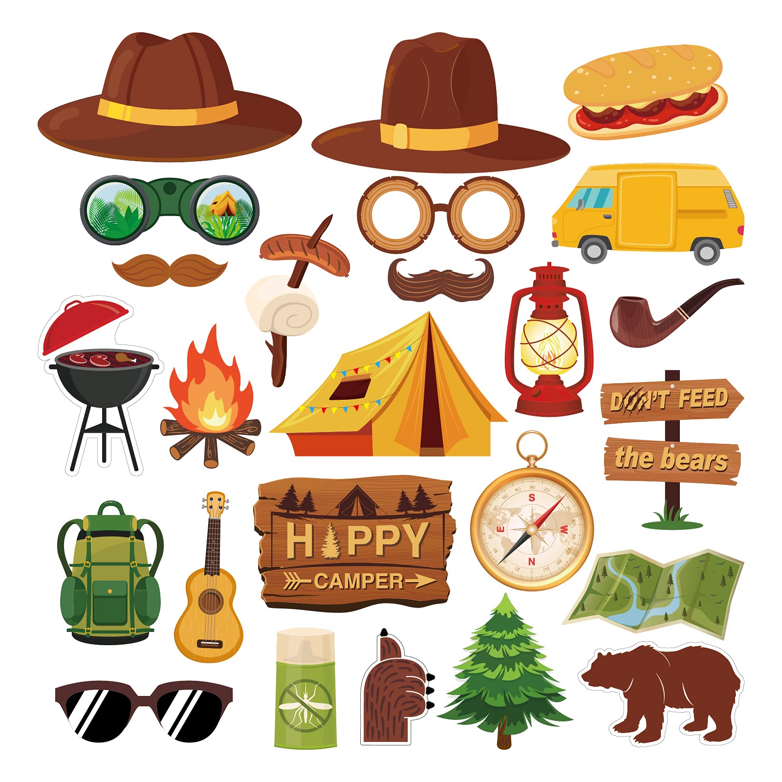 25 Pieces Happy Camper Theme Photo Booth Props Camping Party Selfie Props with Sticks and Dot Glue for Kids Girls Boys Camping B