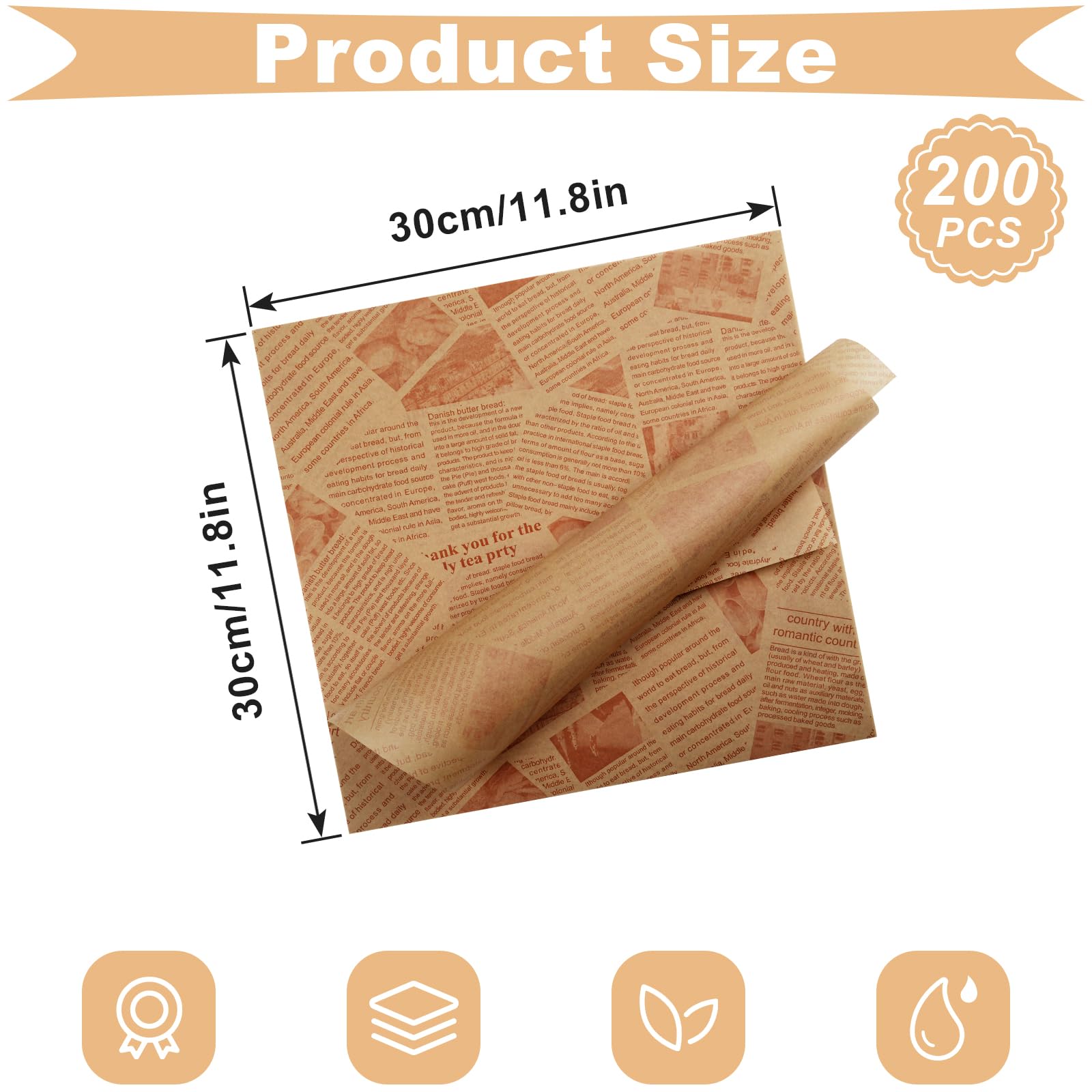 200 Pcs Deli Wax Paper Sheets For Food Basket & Plate Liners 12 X 12 Inch Old Newspaper Style Printed Greaseproof Deli Paper For