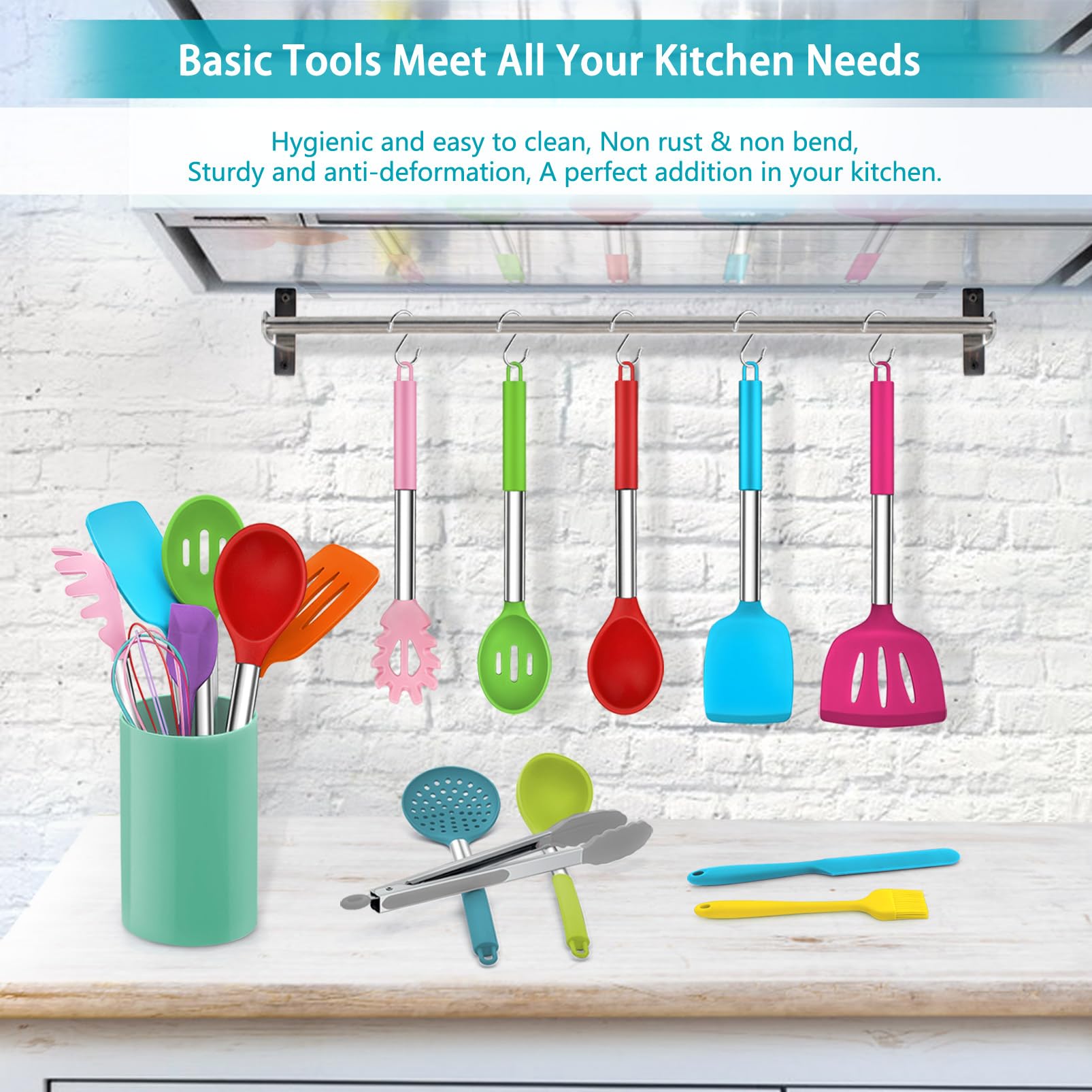 Teamfar 14 Pcs Cooking Utensil Set, Silicone Kitchen Utensil Set With Stainless Steel Handle, Spatula/Spoon/Turner/Skimmer, Heal