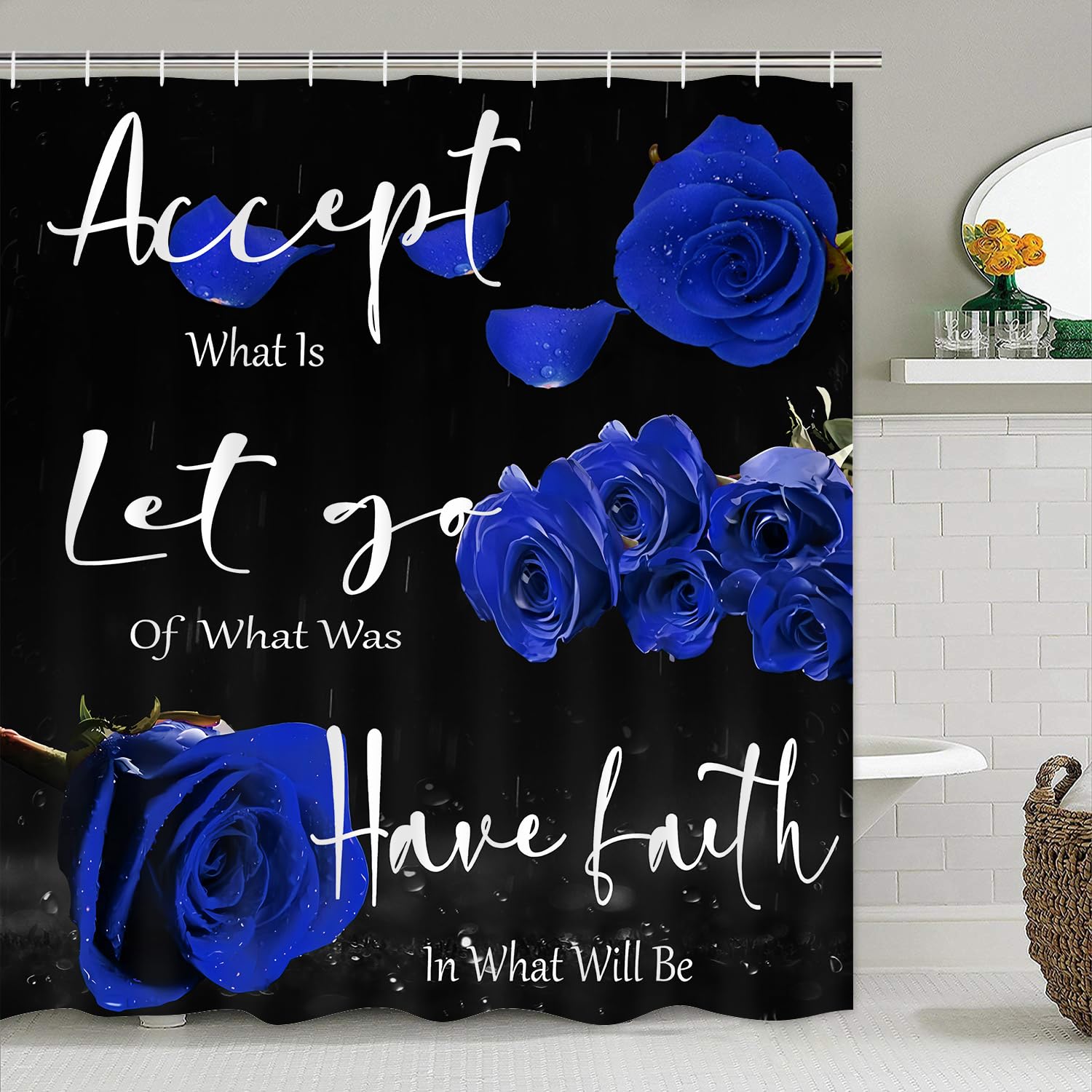 Yddsky 4 Pcs Blue Rose Shower Curtain Sets Non-Slip Rugs Bath Mat Toilet Cover U Shaped Mat Thankful Grateful Blessed Black Blue
