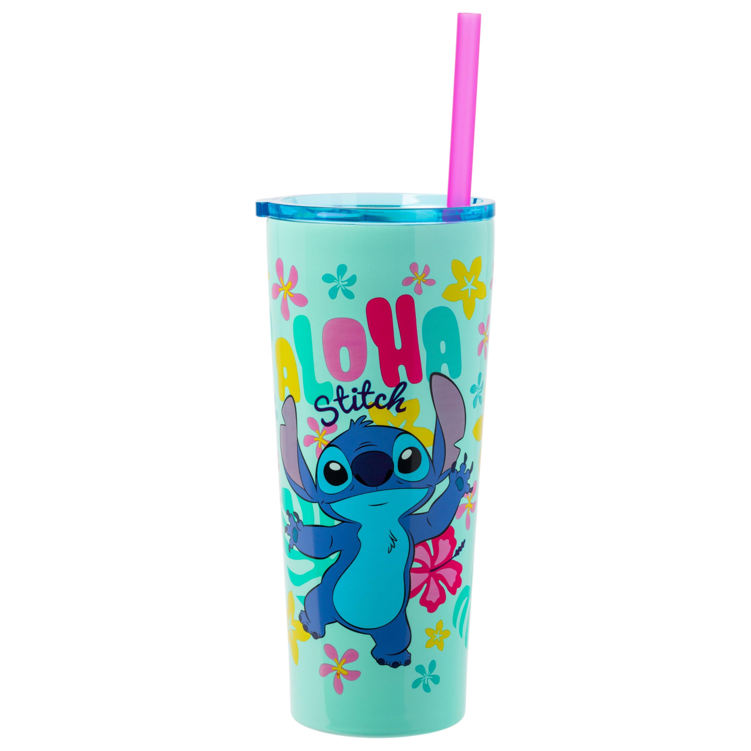 Silver Buffalo Disney Lilo And Stitch Aloha Double Walled Tumbler With Straw, 22 Ounces