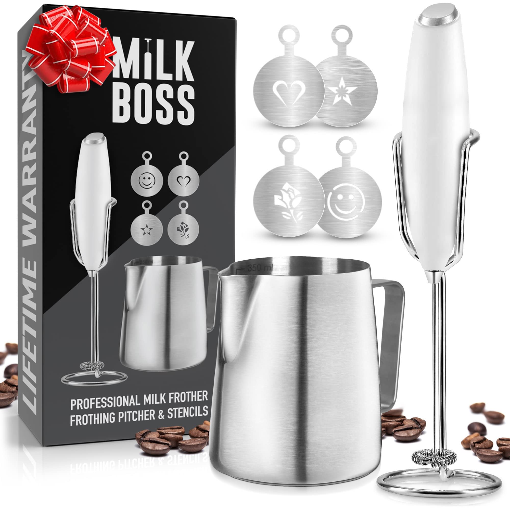 Milk Boss Milk Frother For Coffee Complete Set Coffee Gift With Upgraded Ultra Stand - Handheld Foam Maker - Whisk Drink Mixer F