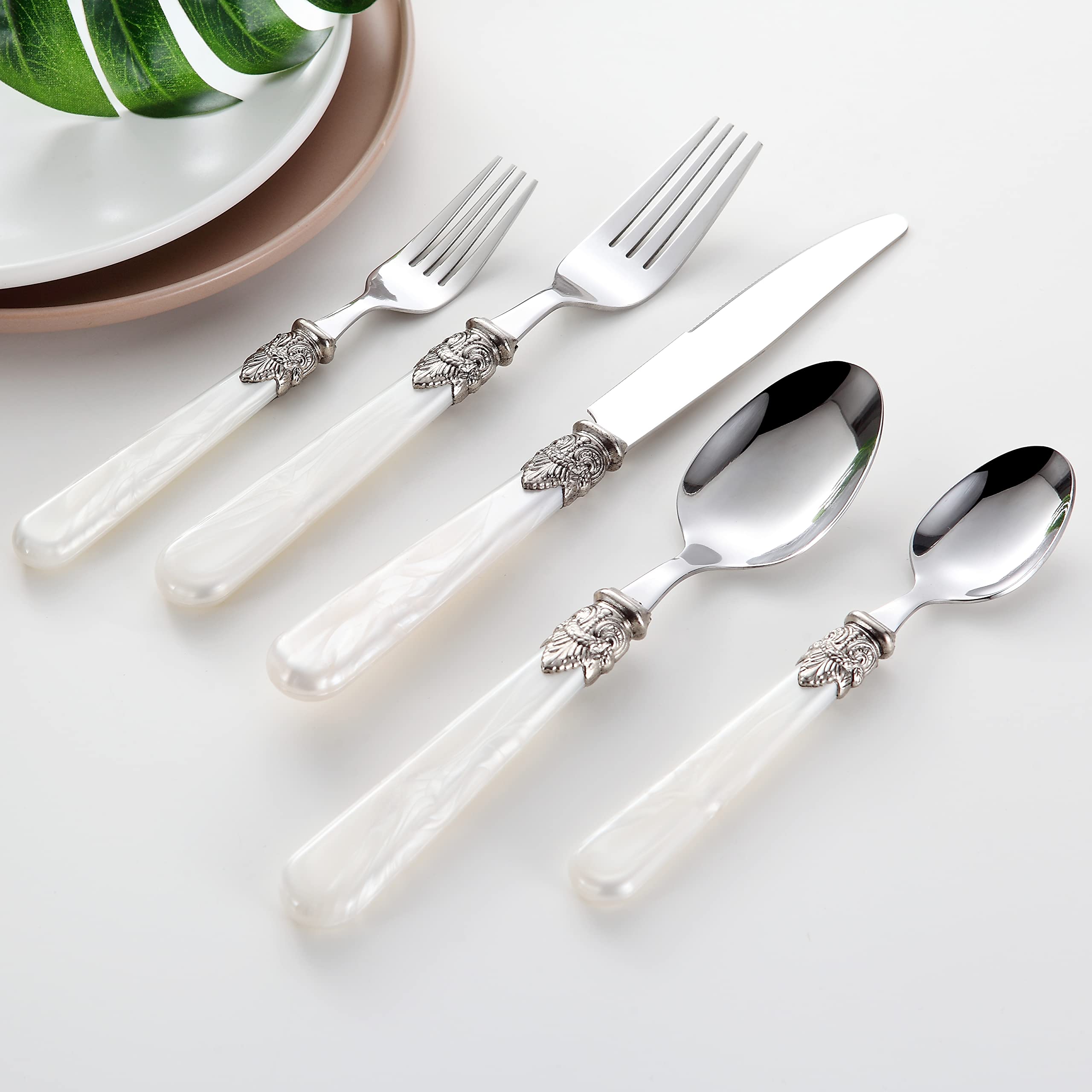 Cathylin 20-Piece 18/10 Stainless Steel Vintage Flatware Set With White Handle,Sliverware Set Service For 4,Dishwasher Safe (20,
