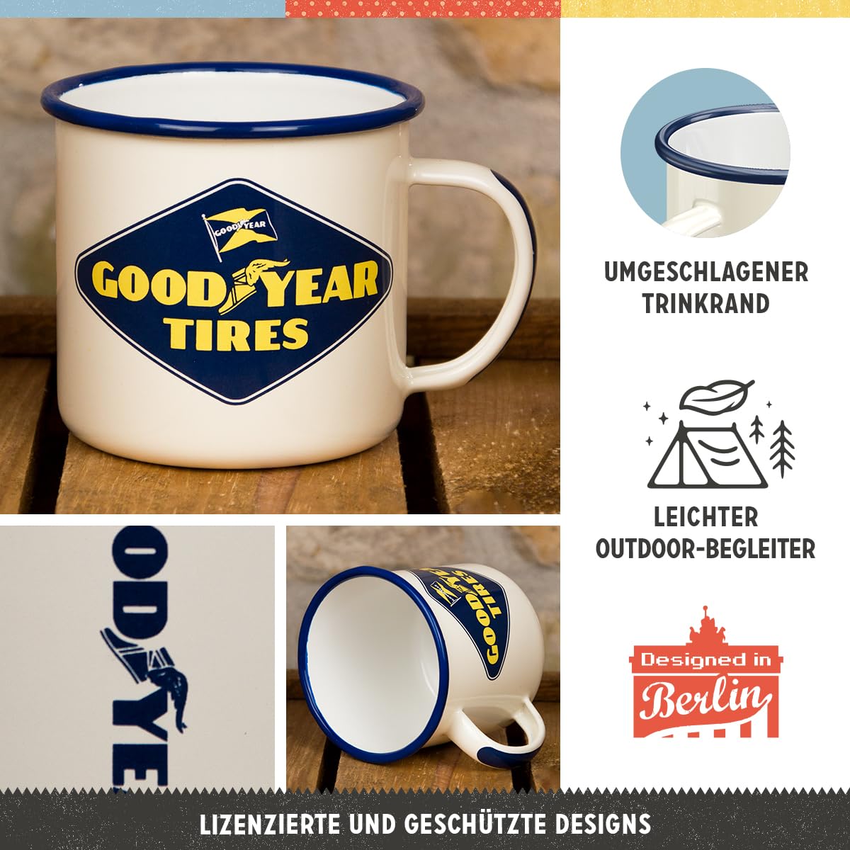Nostalgic-Art Retro Enamel Cup  12.2 oz  Goodyear - Logo White - Gift idea for motor fans  Camping Mug  Vintage design