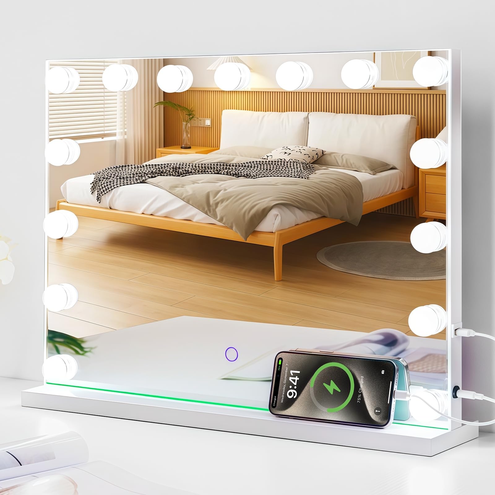 Amifiy Hollywood Vanity Mirror with Lights, 23"x18", 10x Magnification, 15 LED Bulbs, 3 Lighting Modes, White, Model HM5846