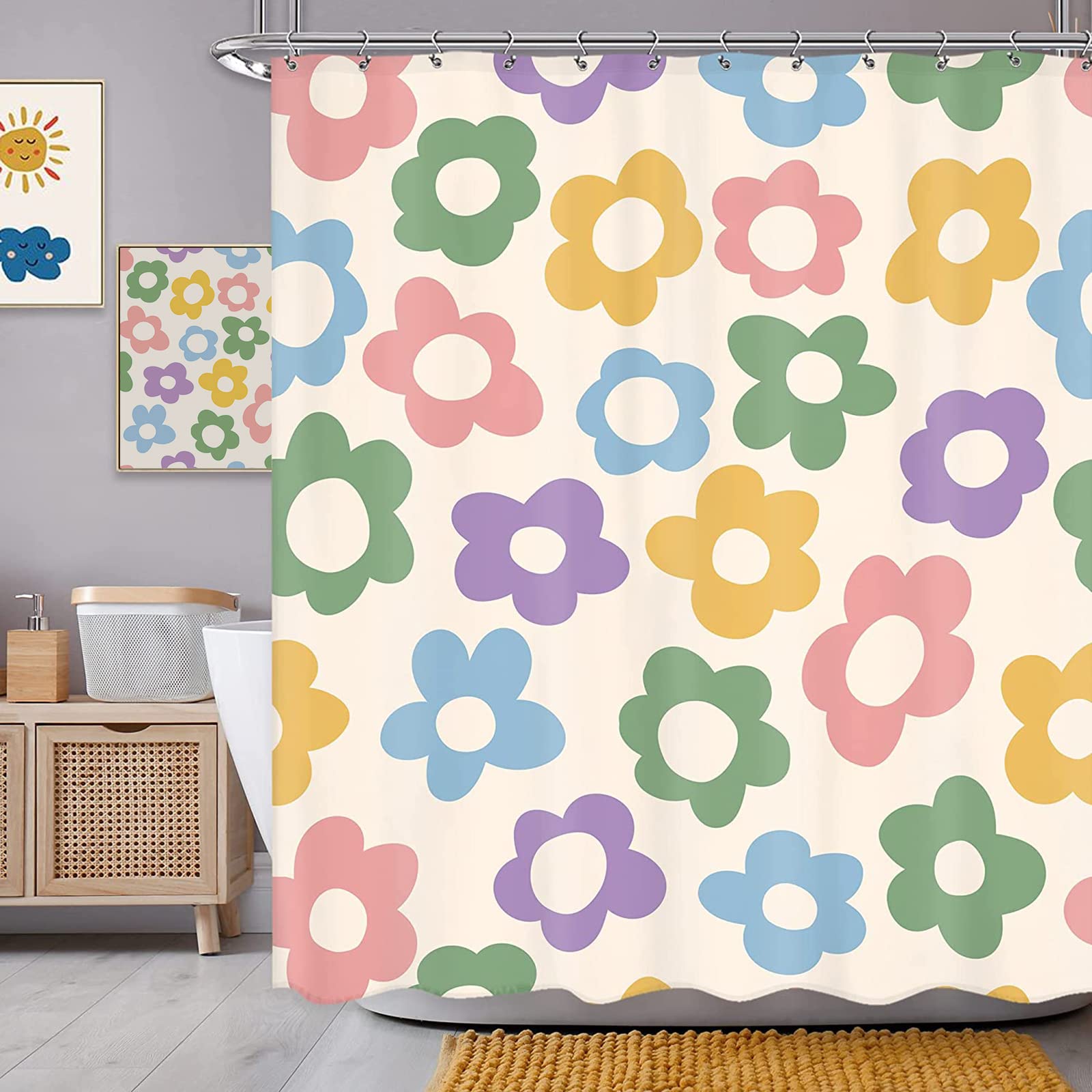 Sanzugh Cute Pastel Flower Shower Curtain, Boho Retro Floral 70S Aesthetic Fabric Shower Curtains Set For Girls Kids Bathroom Gr