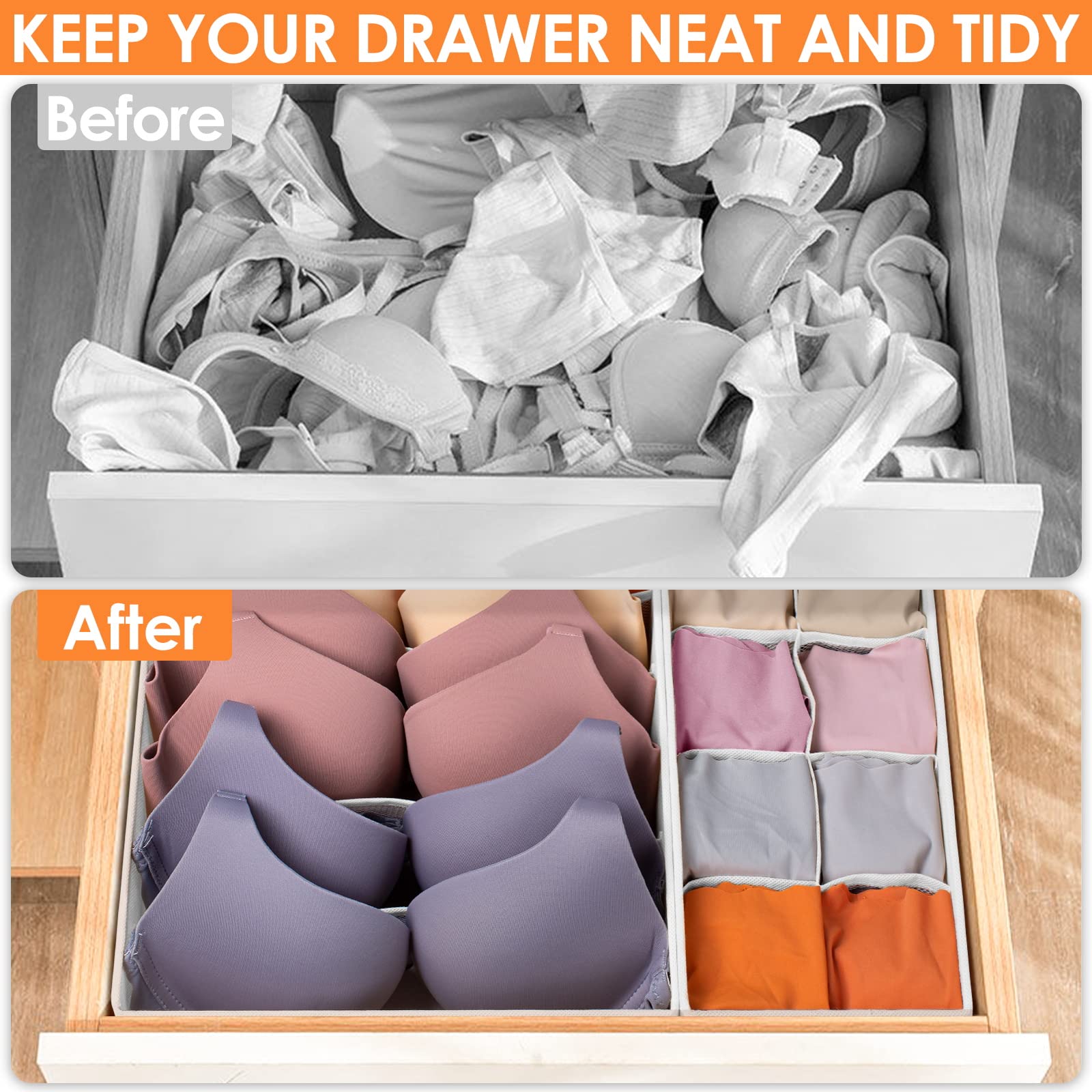 6 Pack Sock Underwear Drawer Organizer Dividers, 58 Cell Foldable Fabric Dresser Closet Organizers and Storage Bins for Clothing