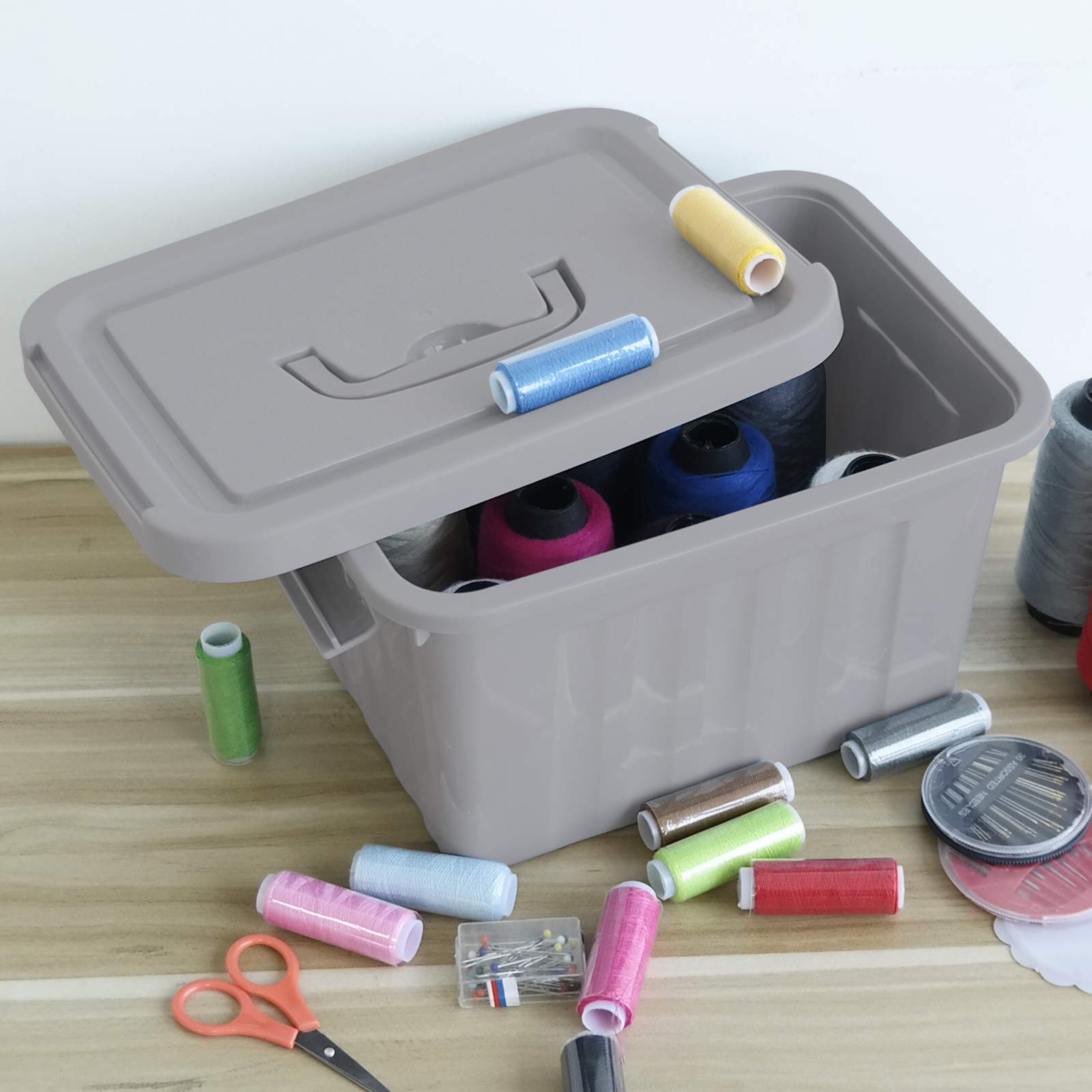 Uumitty 4 Packs Plastic Lidded Storage Box, 6.5 Quart Organizing Latch Bin With Lid/Handles, Grey