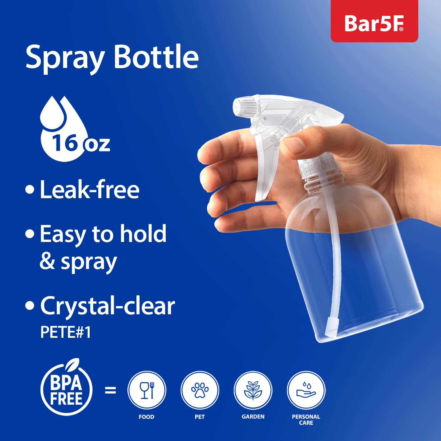Bar5F Plastic Spray Bottle  16 oz  Leak Proof  Empty  Clear  Trigger Handle  Adjustable Fine to Stream Output  Refillable  Heavy Duty Sprayer for Hair Salons & Spas  Household Cleaners  Cooking