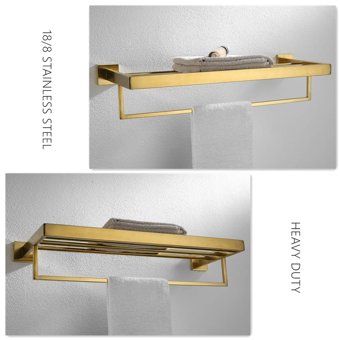 VELIMAX Premium Stainless Steel Towel Rack Wall Mounted Towel Shelf for Bathroom Quadruple Towel Racks with Towel Bar  23.6-Inch(Whole Length)  Gold Finish
