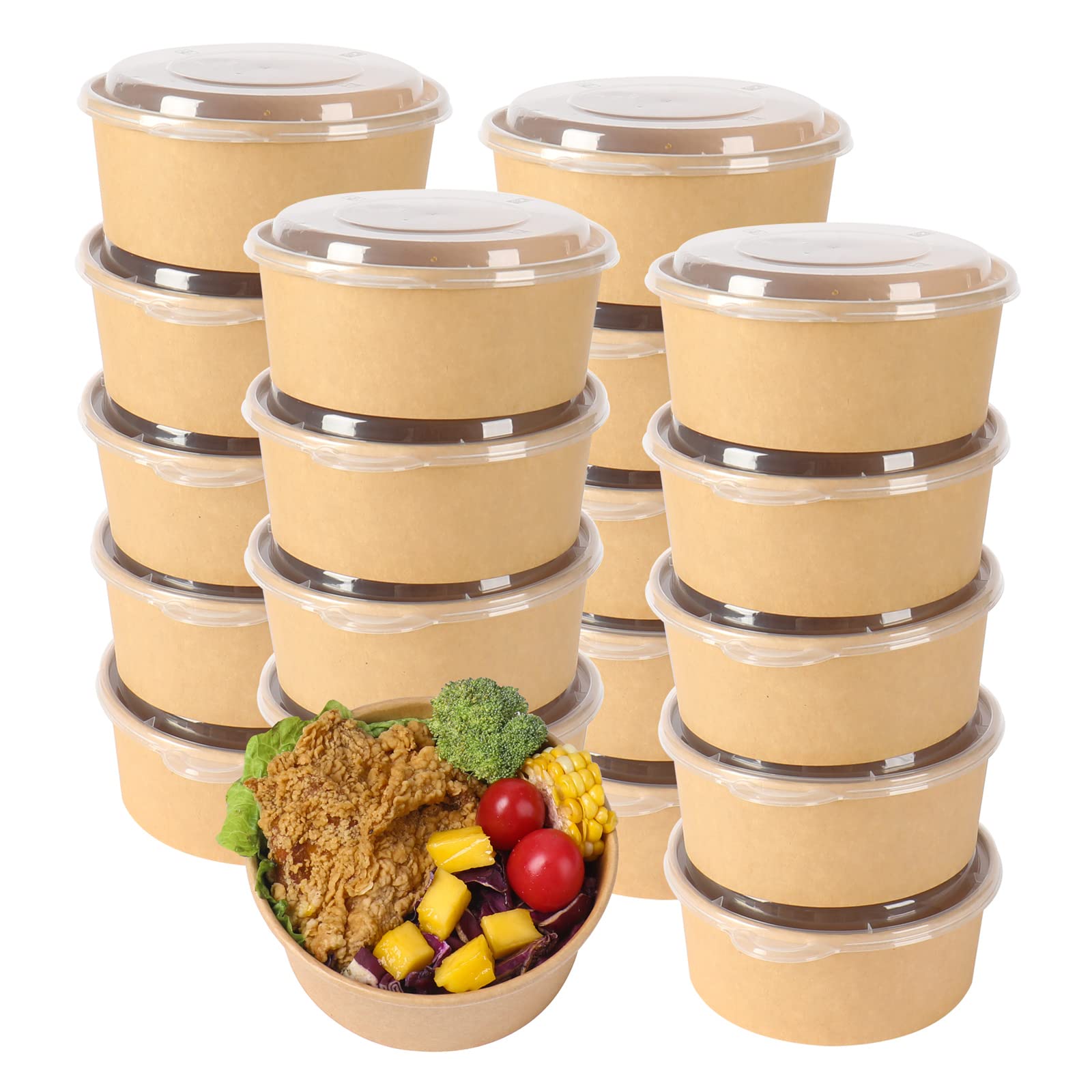 JAYEEY 25 oz Disposable Kraft salad paper bowls with lids, Food containers Soup Bowls Party Supplies Treat Bowls 50 Pack