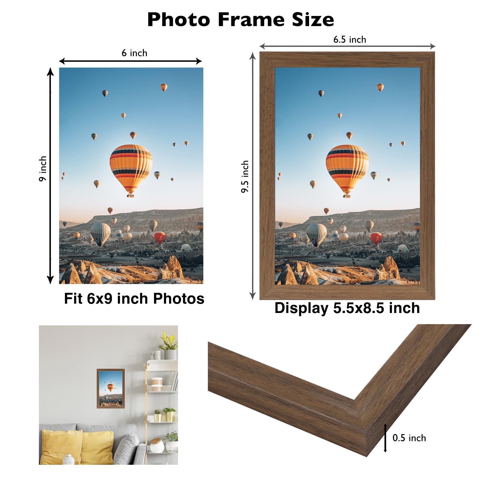 JCJMY 6x9 Picture Frame Brown for Wall Hanging or Tabletop, Wall Mounting Horizontally or Vertically, 6 x 9 Wall Gallery Poster