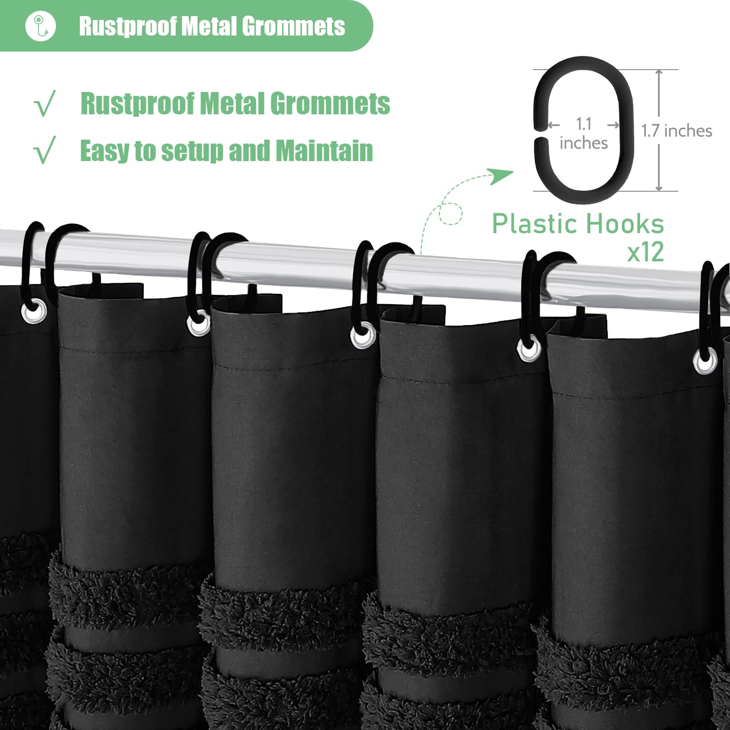 Dynamene Black Fabric Shower Curtain, Tufted Chenille Striped Textured Cloth Shower Curtains For Bathroom, Boho Farmhouse Shabby