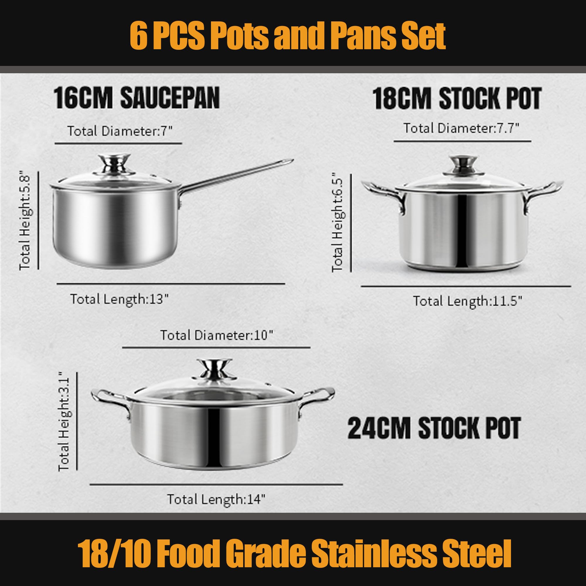 Aufranc Stainless Steel pots and pans set, 6 Piece Nonstick Kitchen Induction Cookware Set,Works with Induction/Electric and Gas