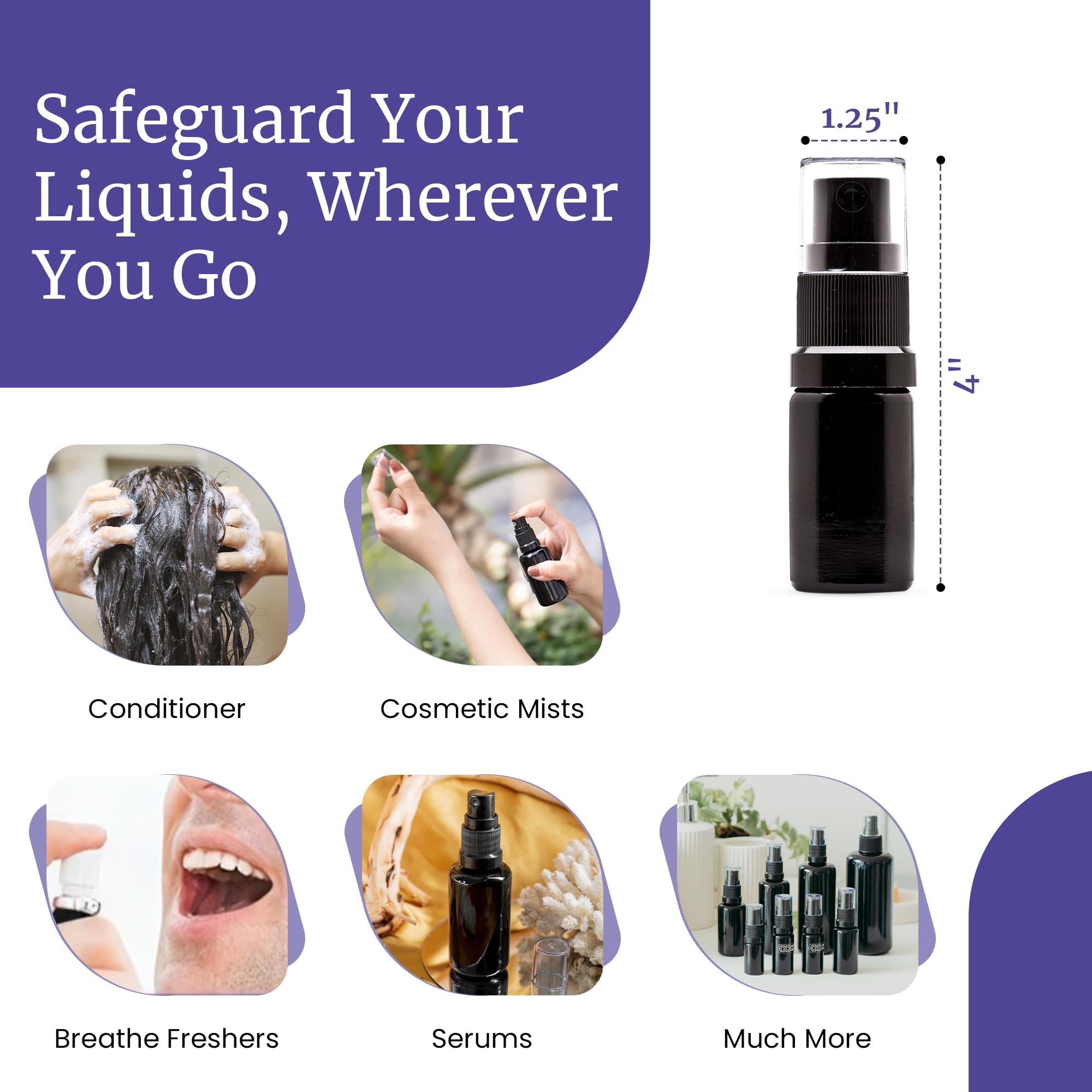 Infinity Jars 30 Ml (1 Fl Oz) Black Ultraviolet Glass Fine Mist Spray Bottle Cleaning Products Refillable Containers Homemade Pe