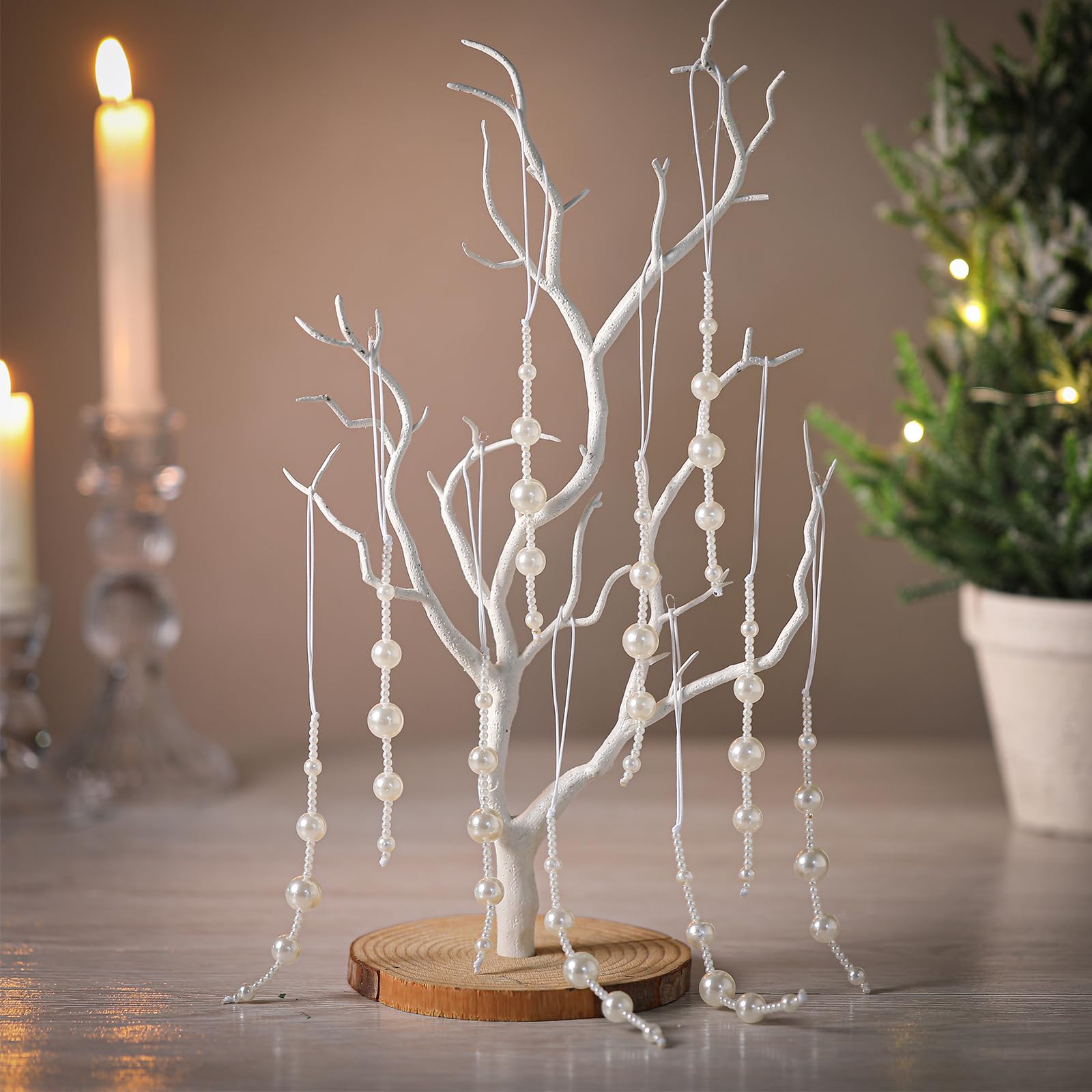 Leyndo 24 Pcs Christmas Pearl Ornament White Beads Christmas Tree Decorations Faux Pearl Hanging Ornament for Indoor Outdoor Xma