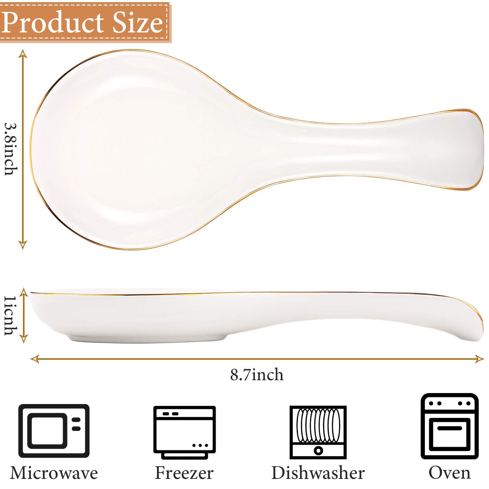Patelai Ceramic Spoon Rest Spoon Holder Stovetop for Kitchen Stove Coffee Bar Accessories Christmas Gift(White with Gold Brim,Cl