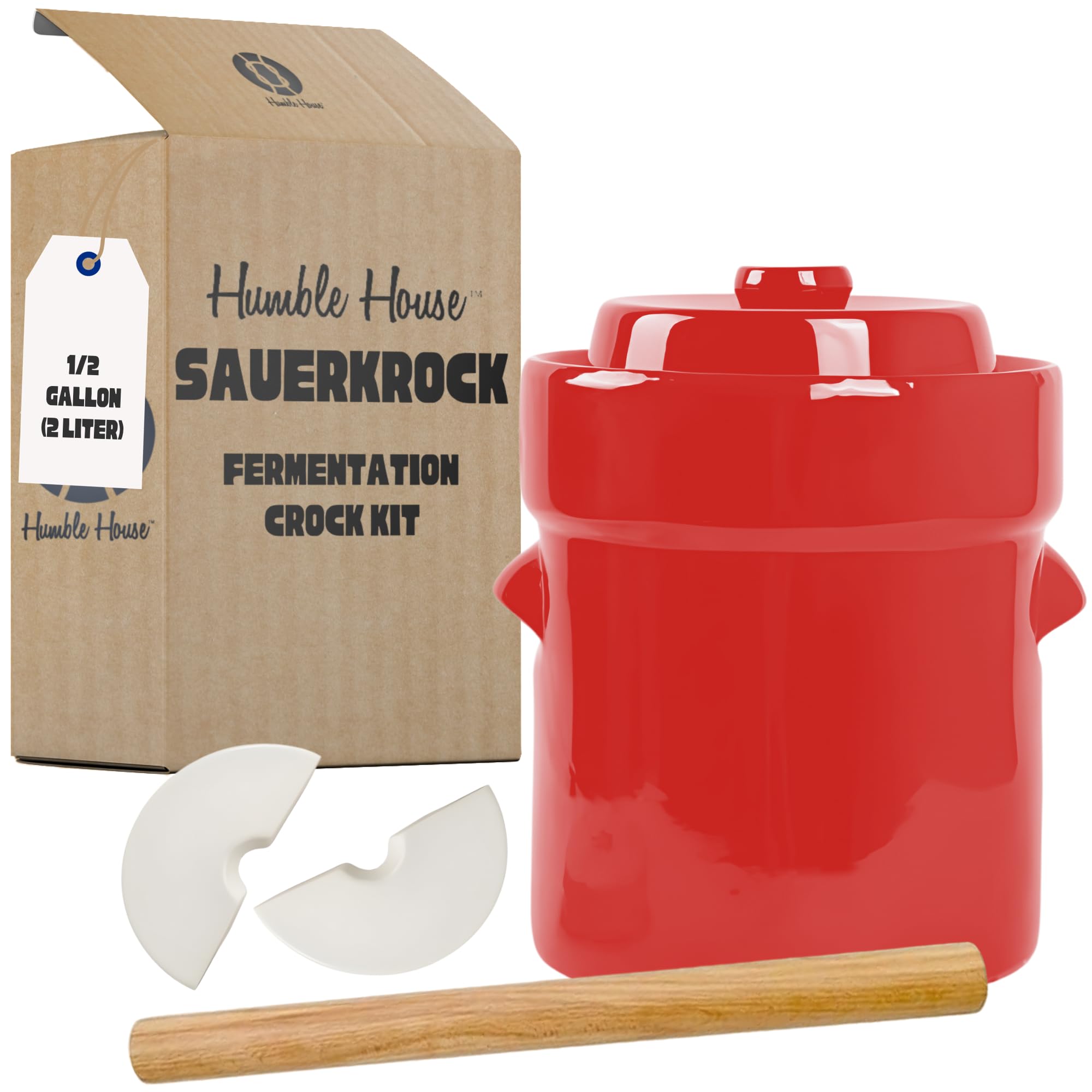 1/2 Gallon Ceramic Sauerkraut Fermentation Crock With Lid, Glazed Weights, & Pounder Humble House Sauerkrock 2 Liter Red Ferment