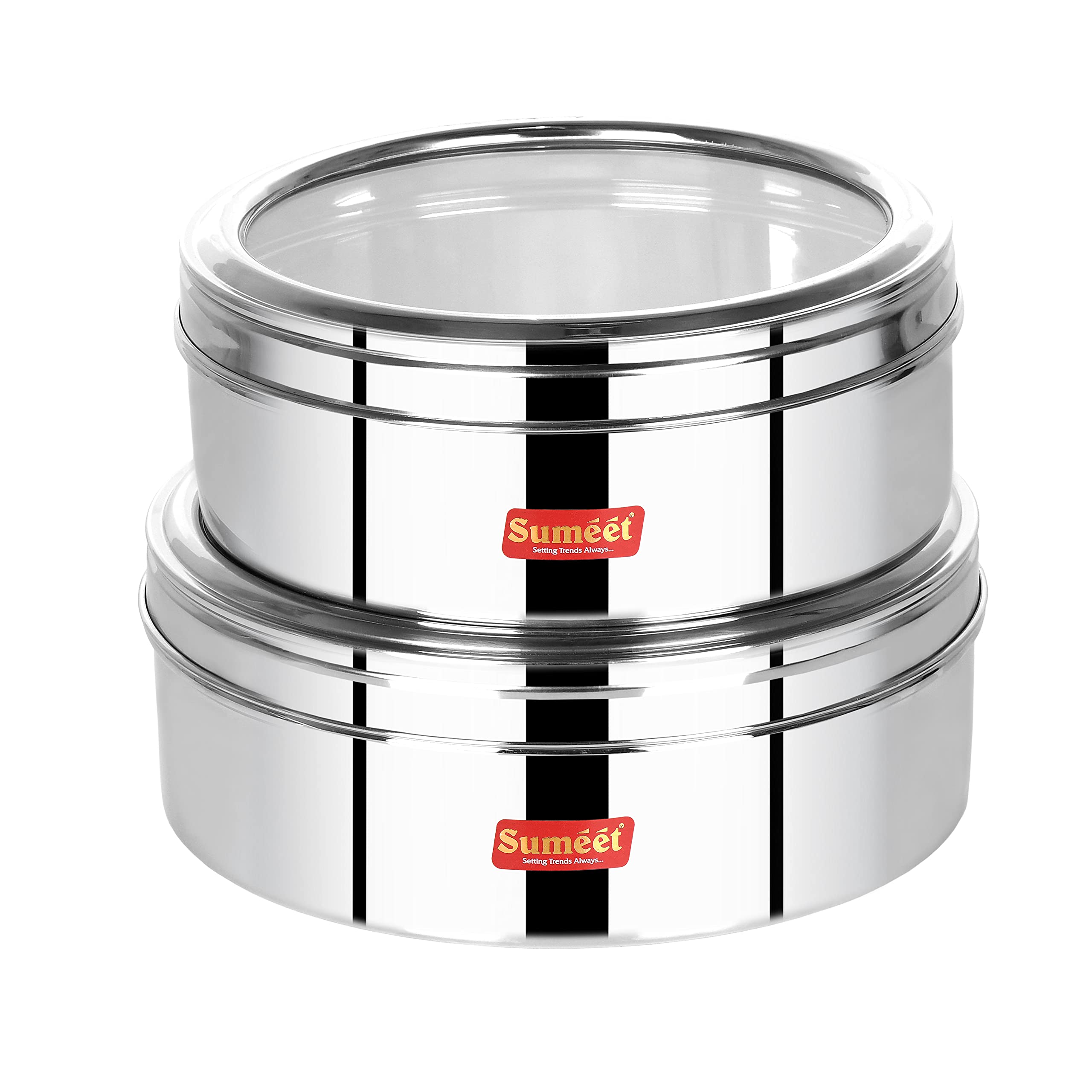 Sumeet Stainless Steel Flat Canisters/Puri Dabba/Storage Containers With See Through Lid Set Of 2Pcs (1Ltr, 1.5Ltr)
