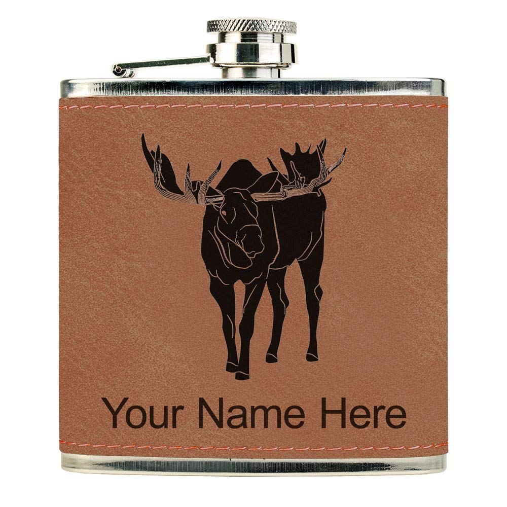 Faux Leather Flask, Moose, Personalized Engraving Included (Dark Brown)