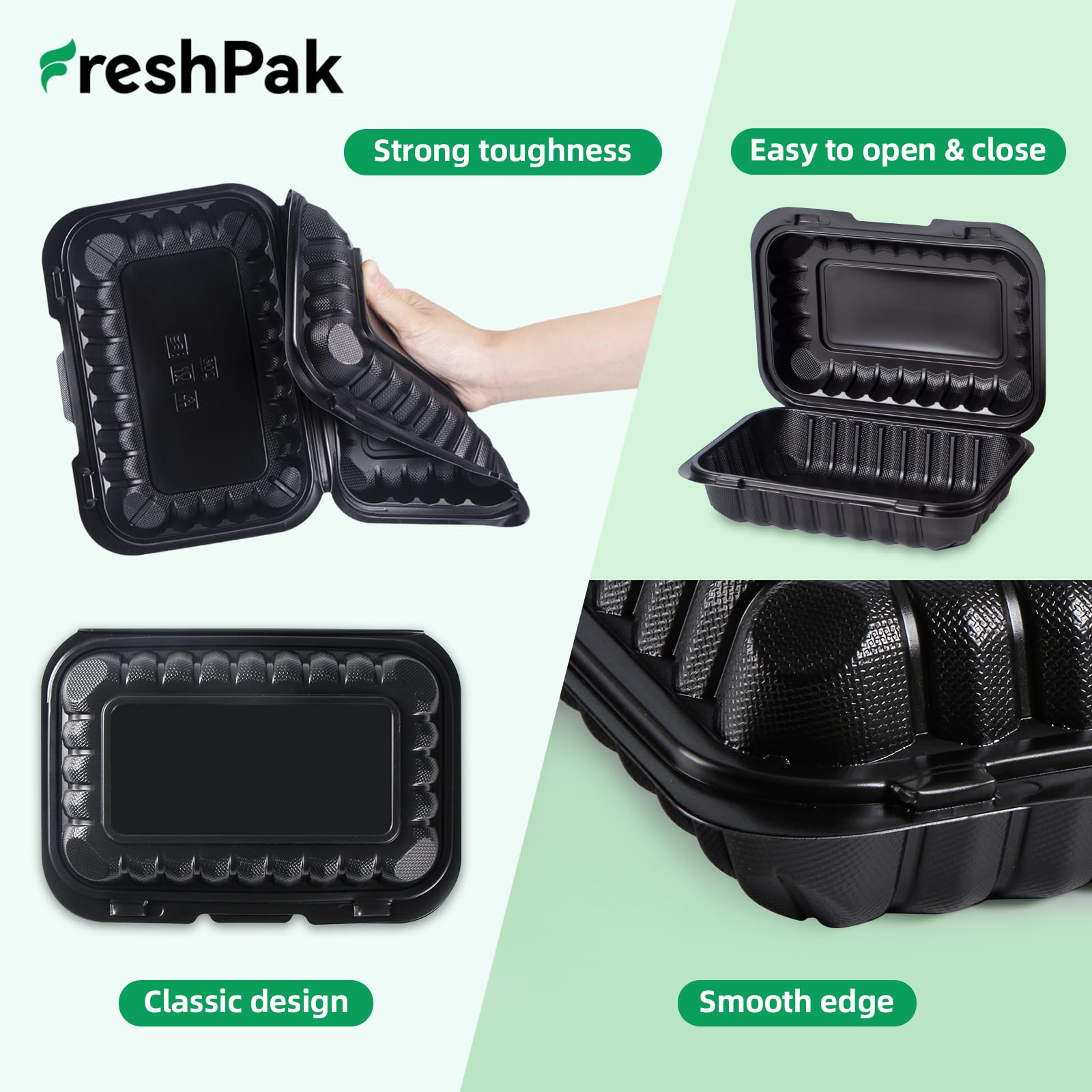 Freshpak To Go Containers, 27 Oz Plastic Black Take Out Food Containers For Lunch 50 Pack Reusable Bpa-Free Heavy-Duty Hinged Mf