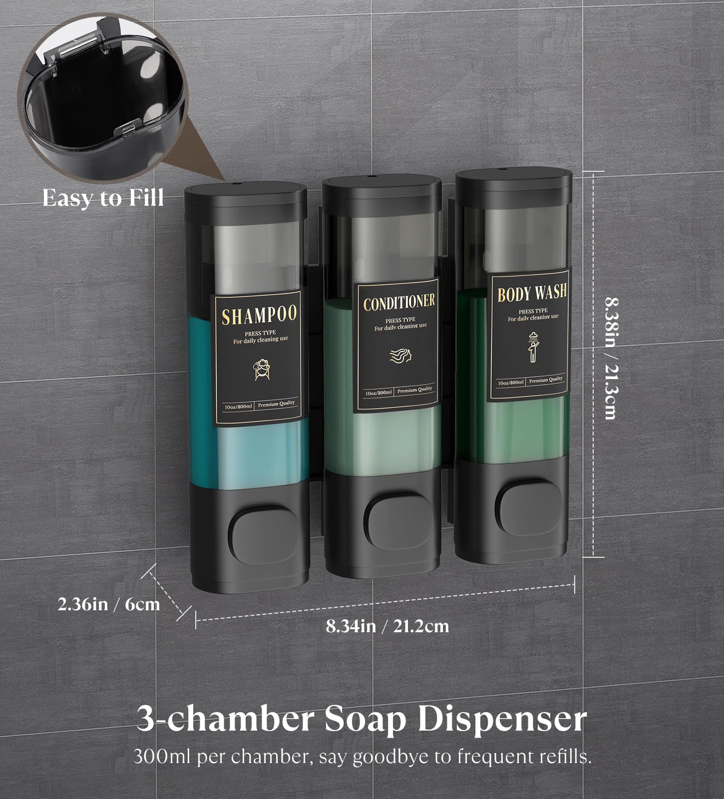 Luxspire Shampoo And Conditioner Dispenser, No Drill Wall Mounted Shower Soap Dispenser 3 Chamber With Waterproof Labels, Easy R
