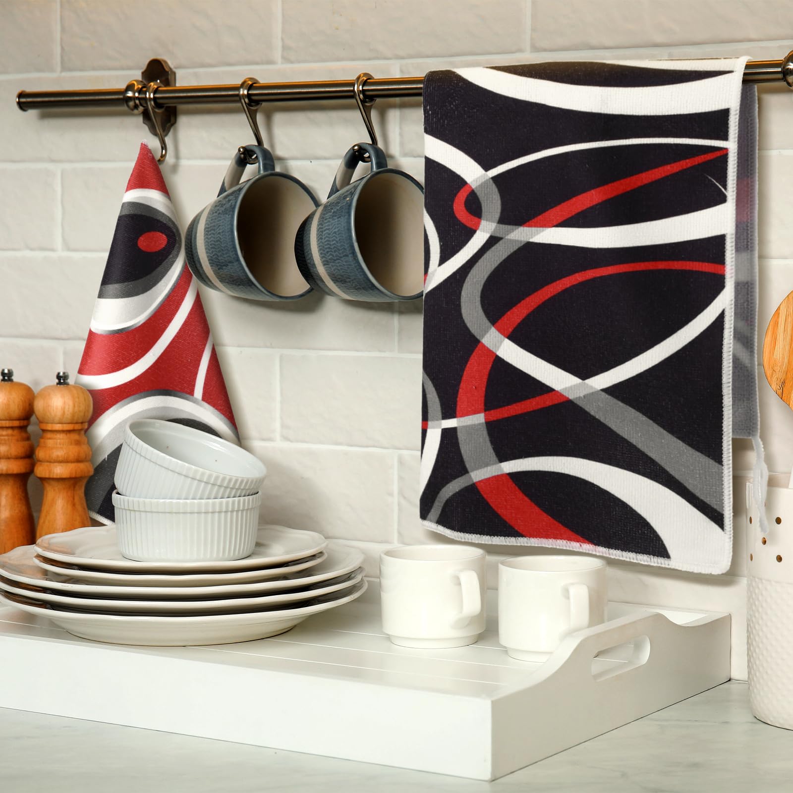 Boyiee Set of 6 Red Black Grey White Kitchen Towels Modern Geometric Dish Hand Towels 24 x 16 Inches Gifts Decorative Tea Cloth