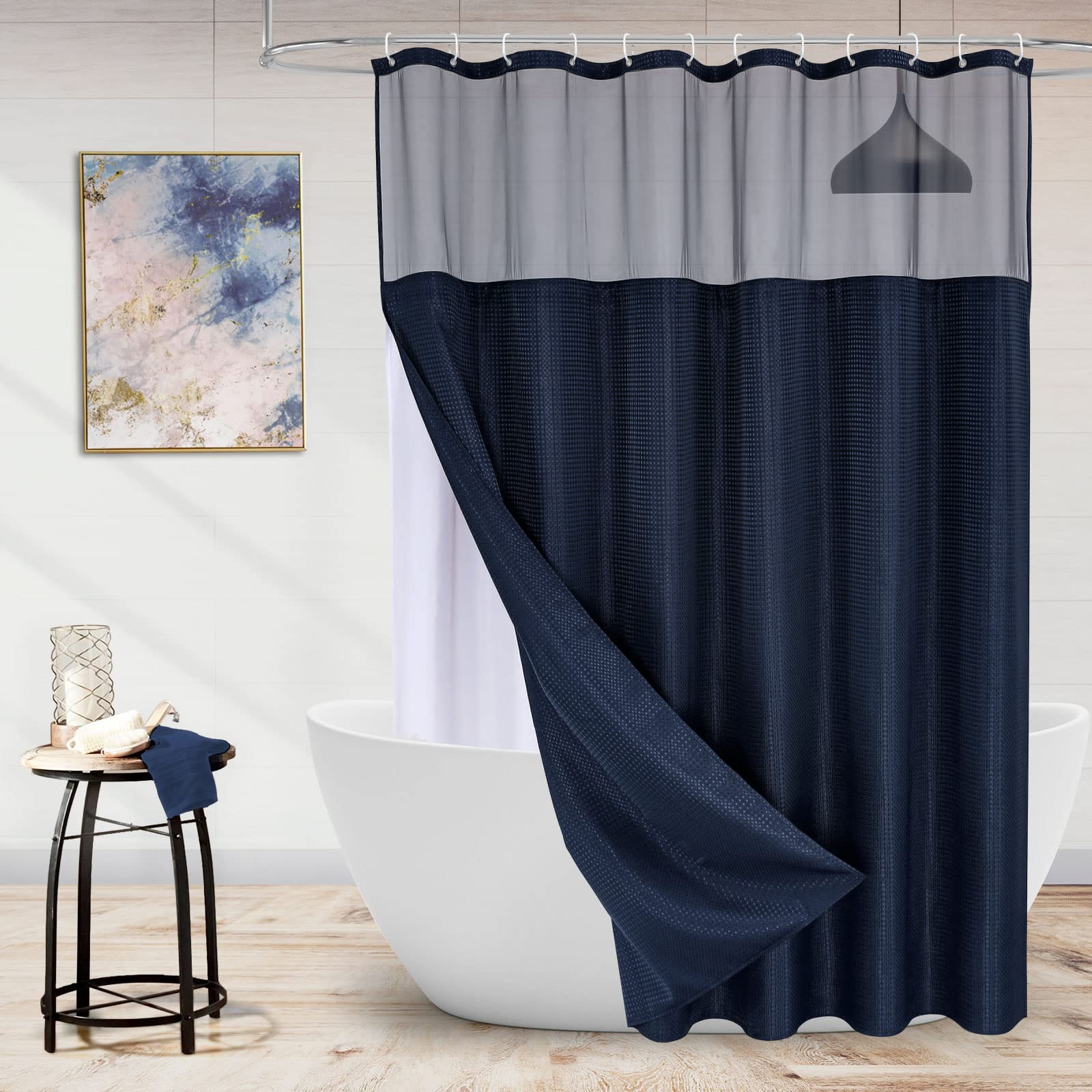 Mitovilla Waffle Shower Curtain Set With Snap-In Liner, Modern Navy Blue Waffle Weave Fabric Shower Curtain For Luxury Neutral H