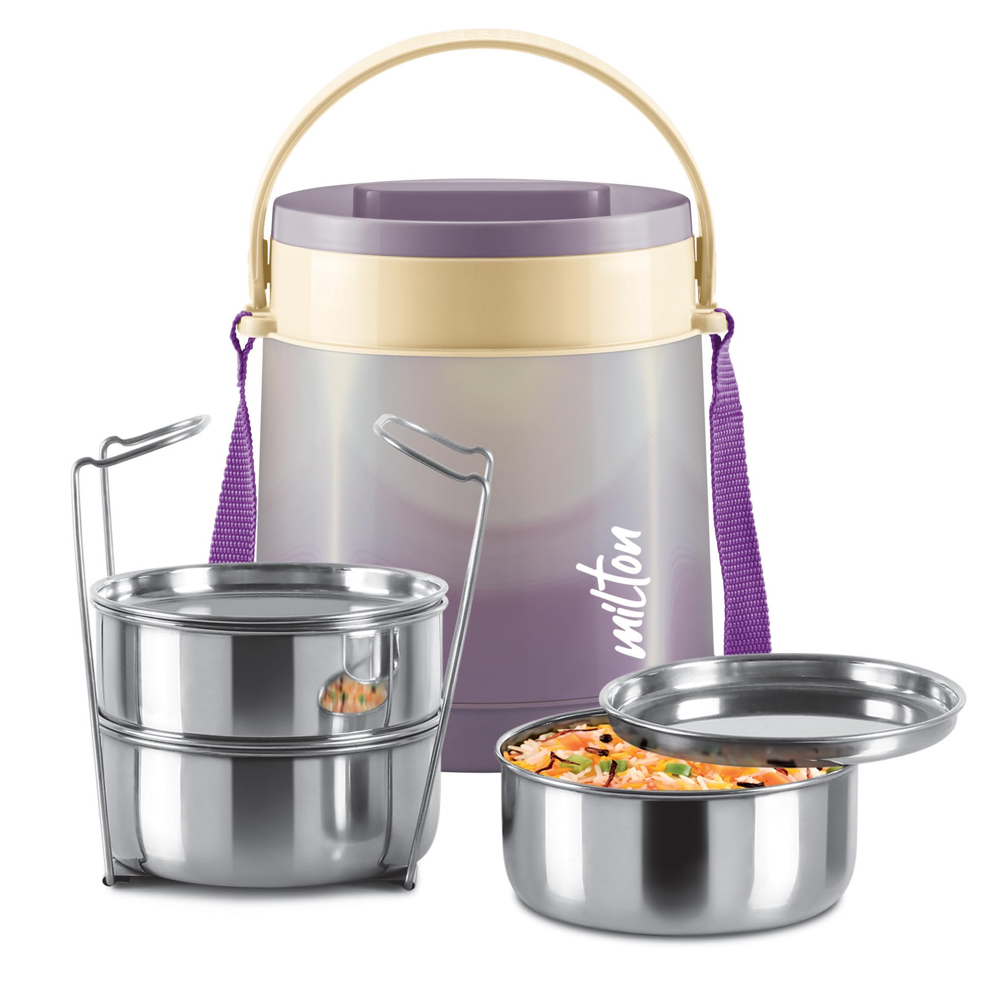 Milton Gradient Tiffin 3 Stainless Steel Tiffin With Lifter, 3 Container, 900 Ml, Purple | Pu Insulated | Food Grade | Easy To C