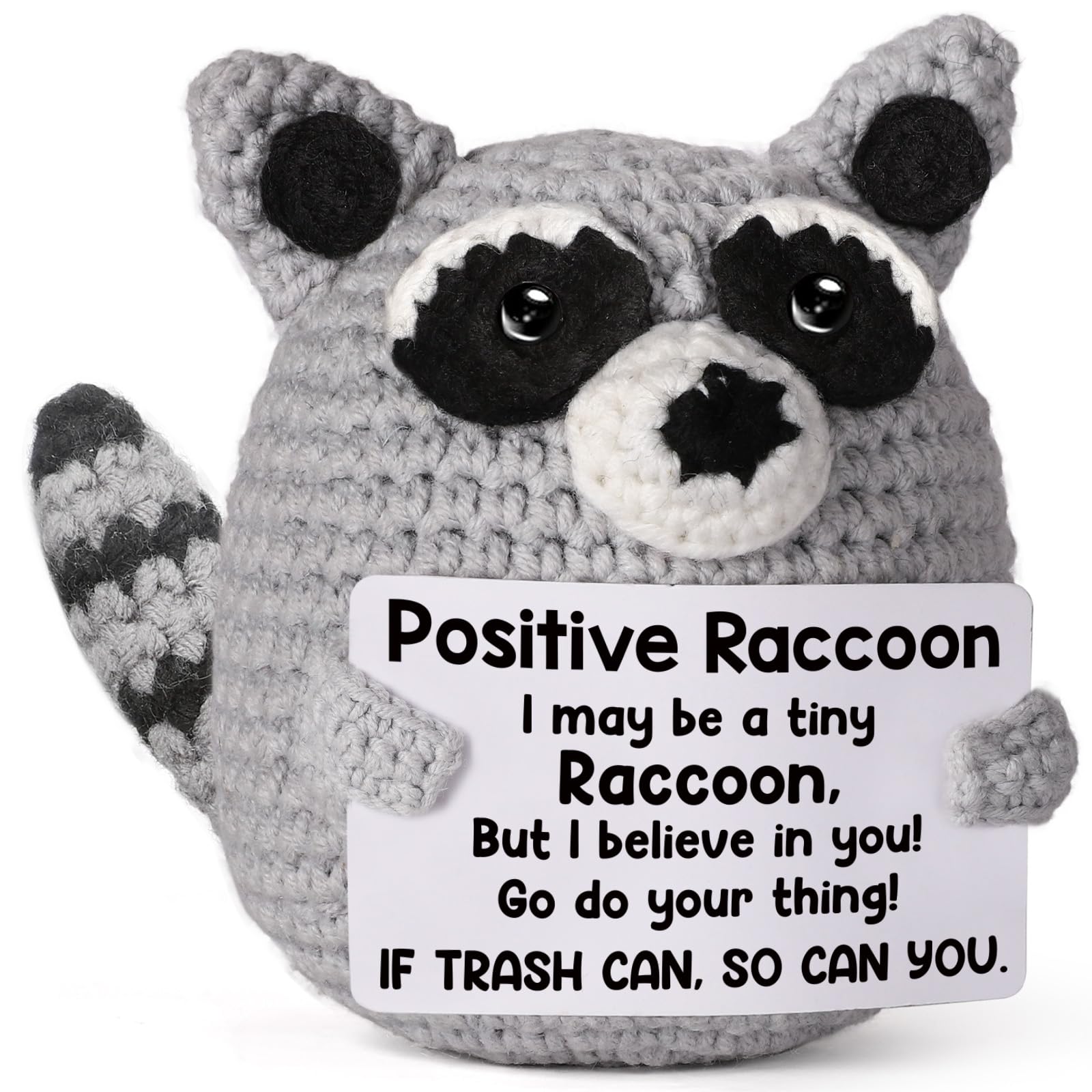 Weming Positive Crochet Animal Raccoon, Handmade Emotional Support Plush Back to School Gift, College Care Package for Teen Girl