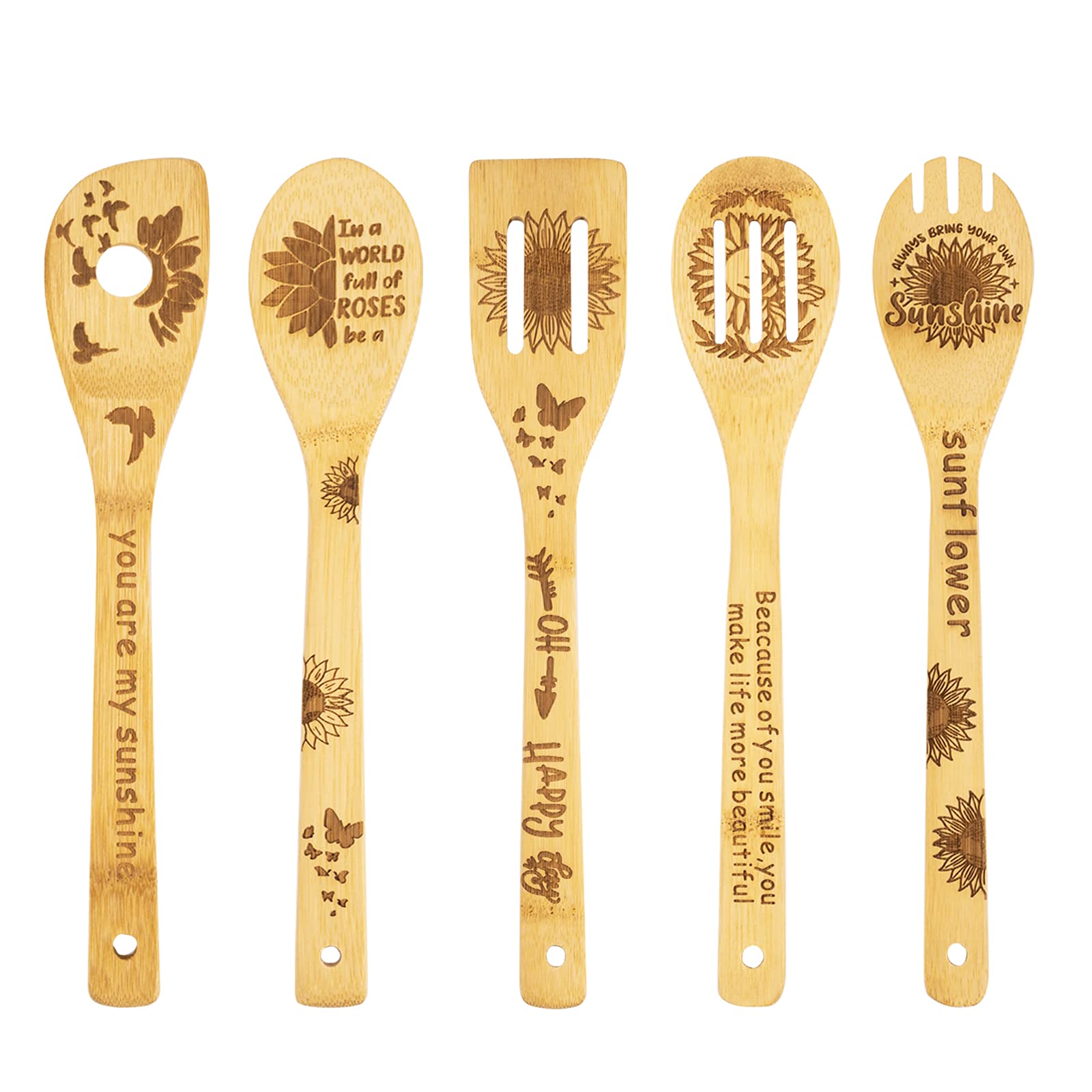 5Pcs Sunflower Wooden Cooking Spoons,Sunflower Gifts,Sunflower Kitchen Gift, Sunflower Spoon Set,You Are My Sunshine,Bamboo Cook