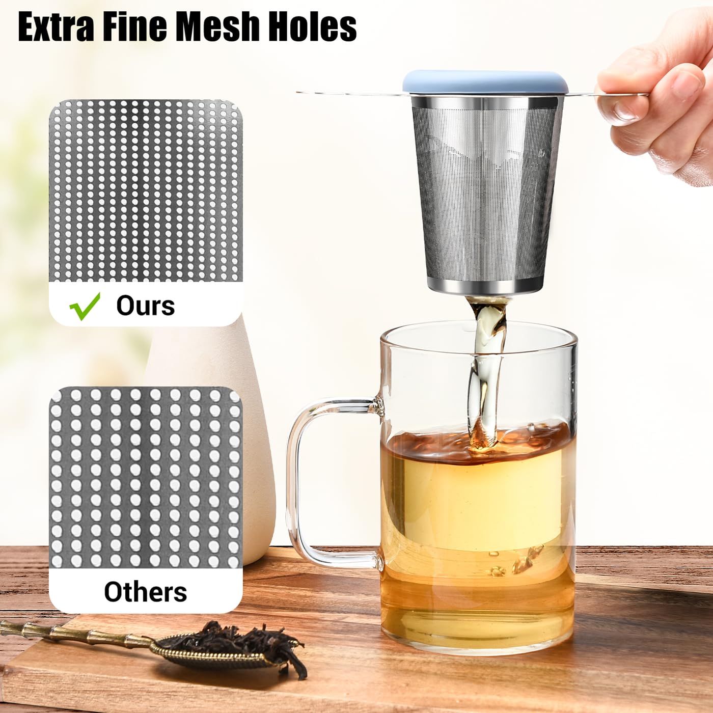 2Pcs Extra Fine Mesh Tea Infuser Strainer Basket With Lid/Drip Tray For Loose Leaf Tea Rooibos, 18/8 Stainless Steel Tea Steeper